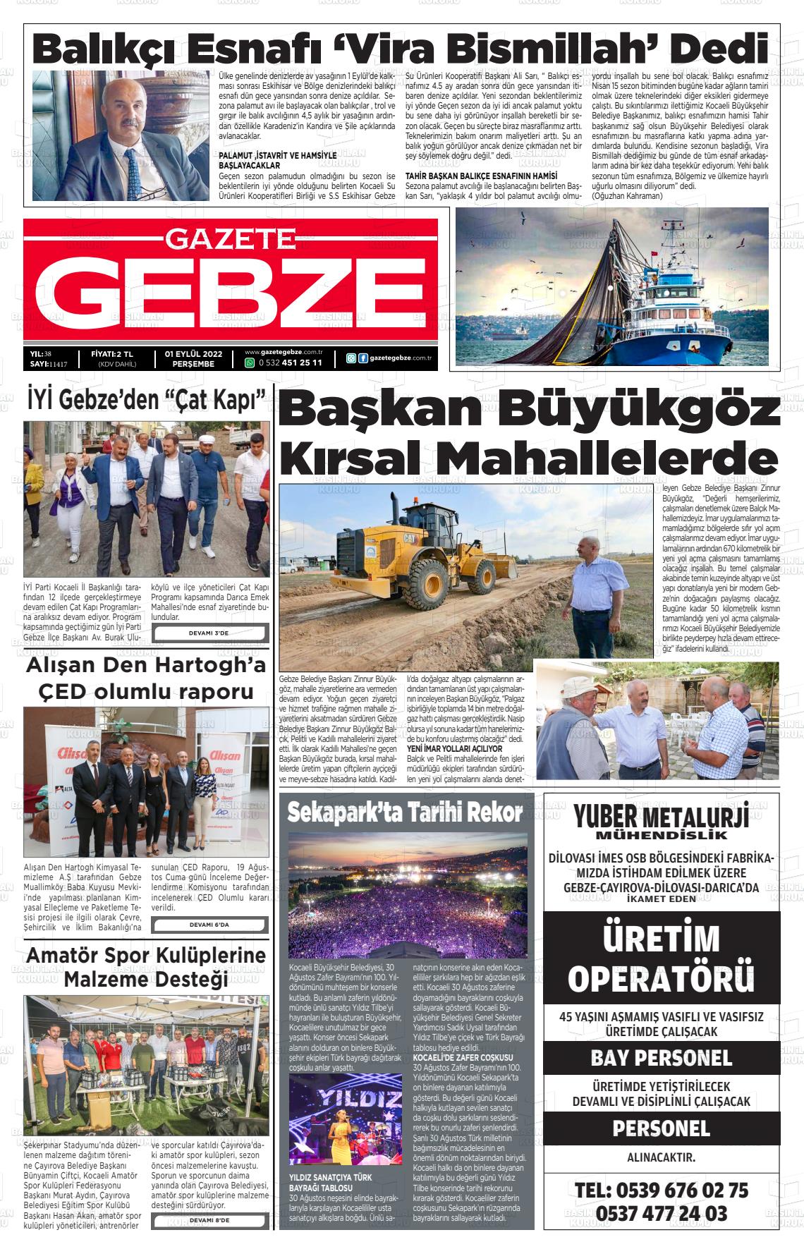 01 Eylül 2022 Gebze Gazete Manşeti