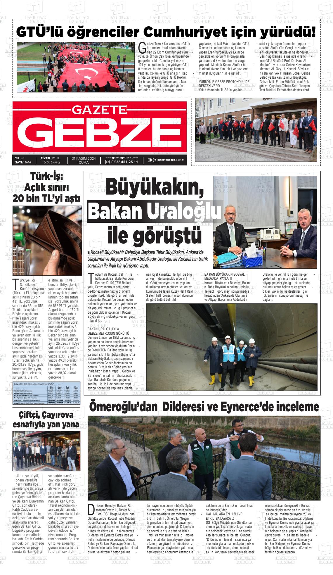 01 Kasım 2024 Gebze Gazete Manşeti