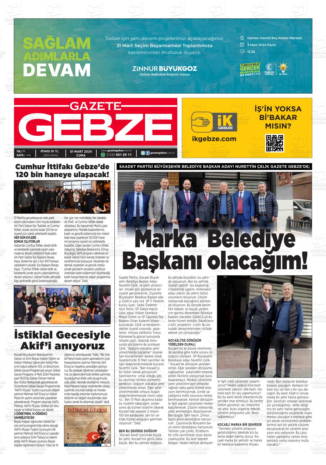 01 Mart 2024 Gebze Gazete Manşeti