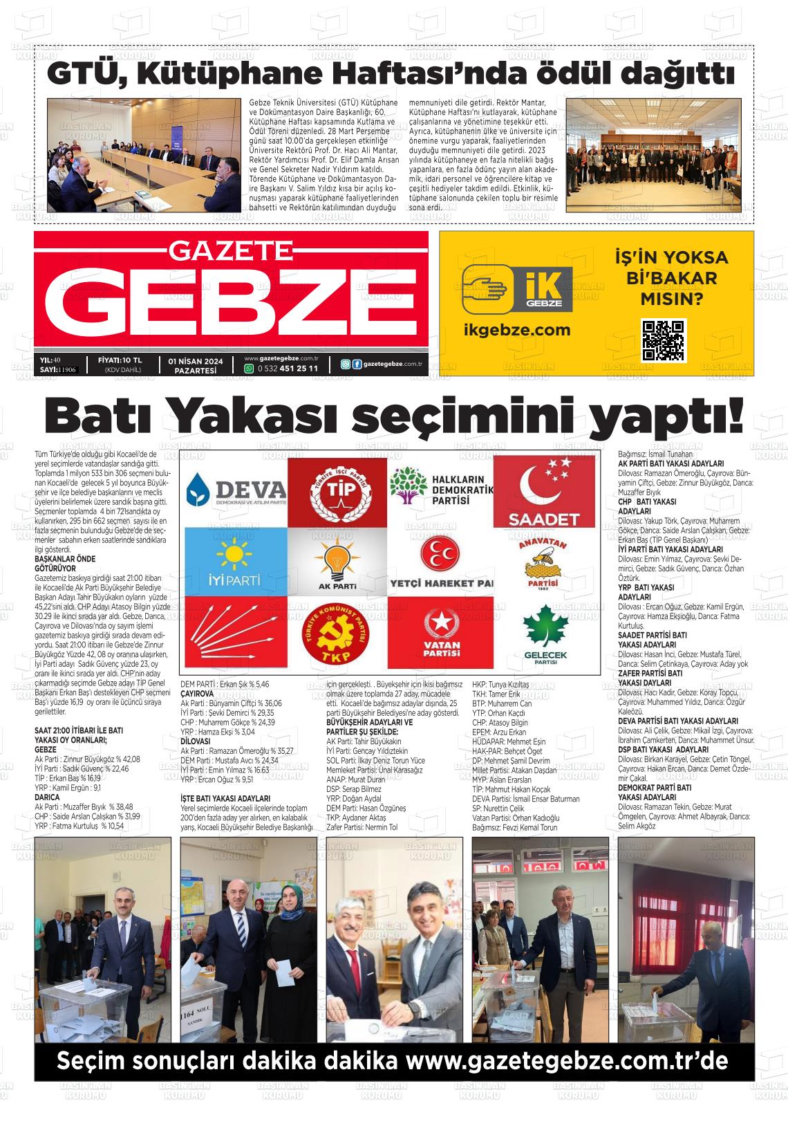 01 Nisan 2024 Gebze Gazete Manşeti