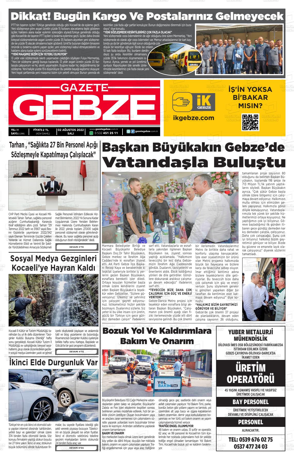 02 Ağustos 2022 Gebze Gazete Manşeti