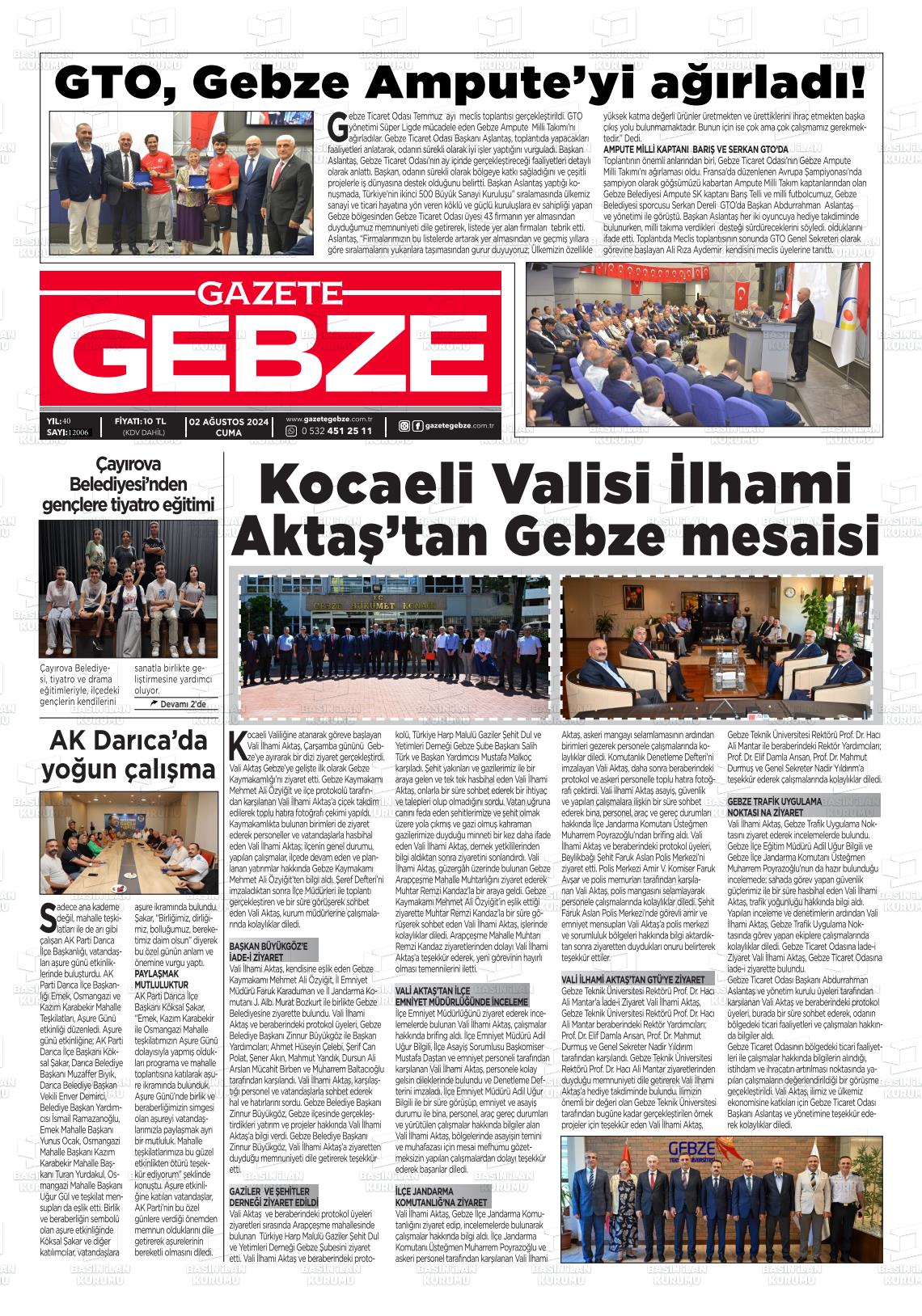 02 Ağustos 2024 Gebze Gazete Manşeti