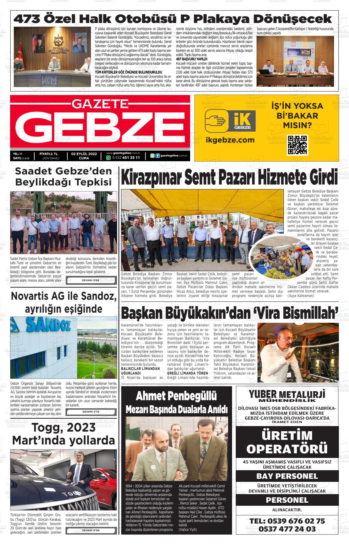 02 Eylül 2022 Gebze Gazete Manşeti