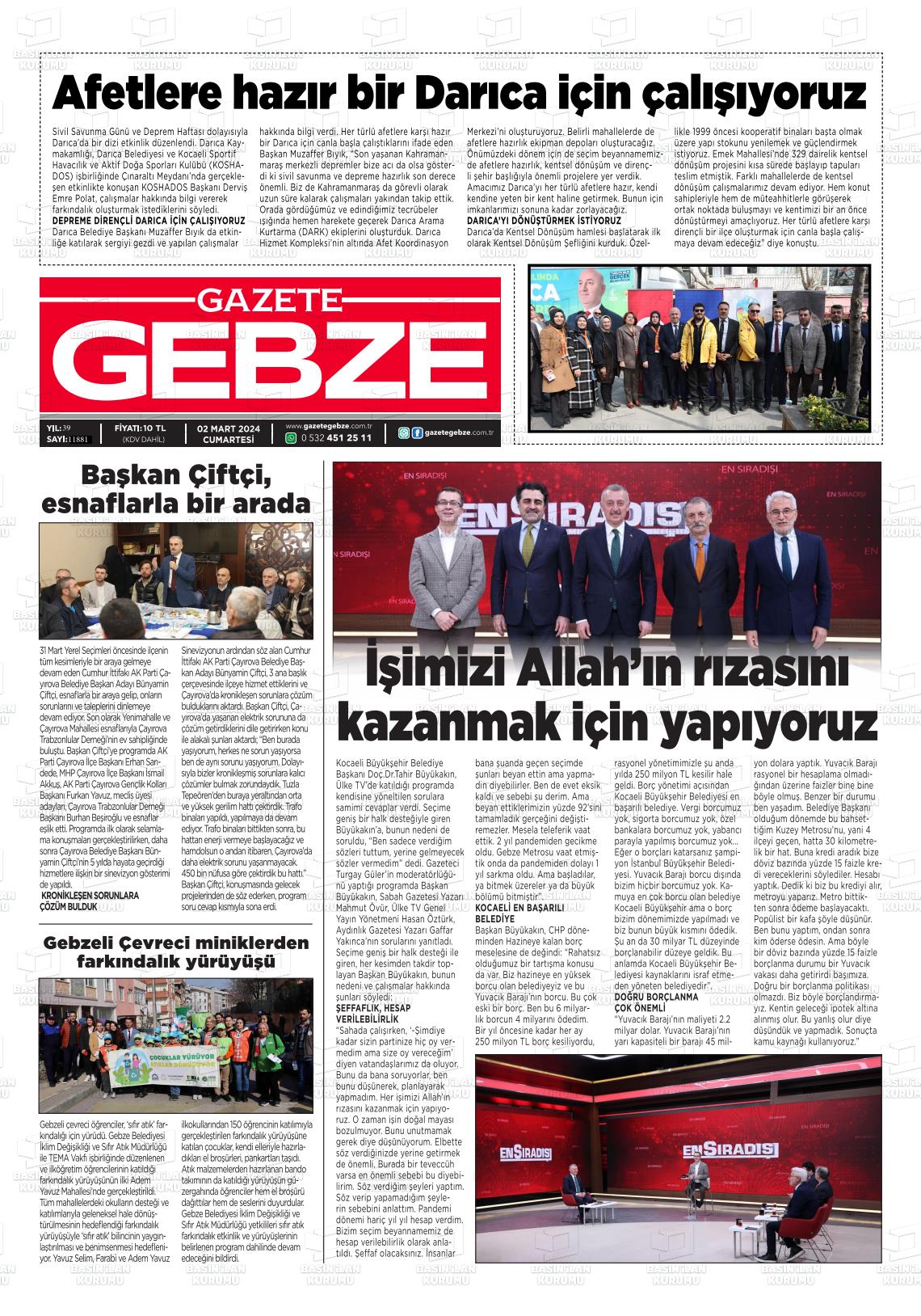 02 Mart 2024 Gebze Gazete Manşeti