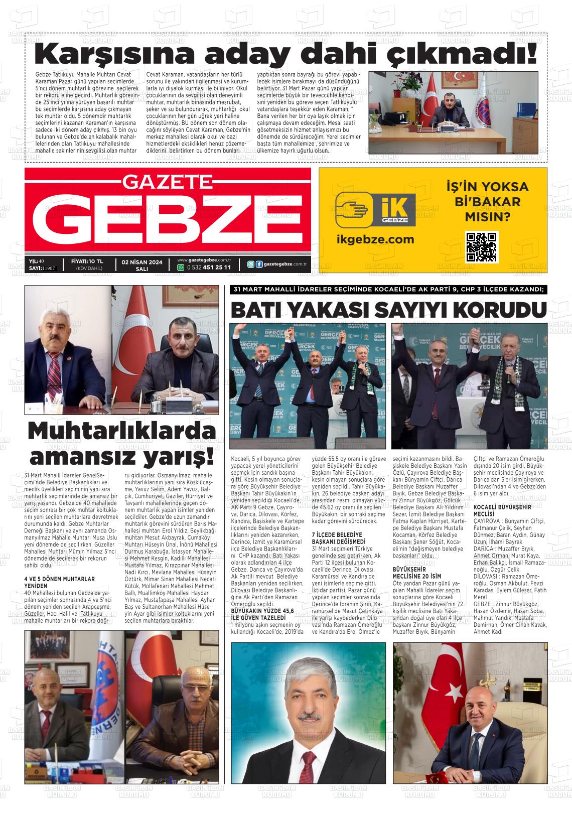 02 Nisan 2024 Gebze Gazete Manşeti