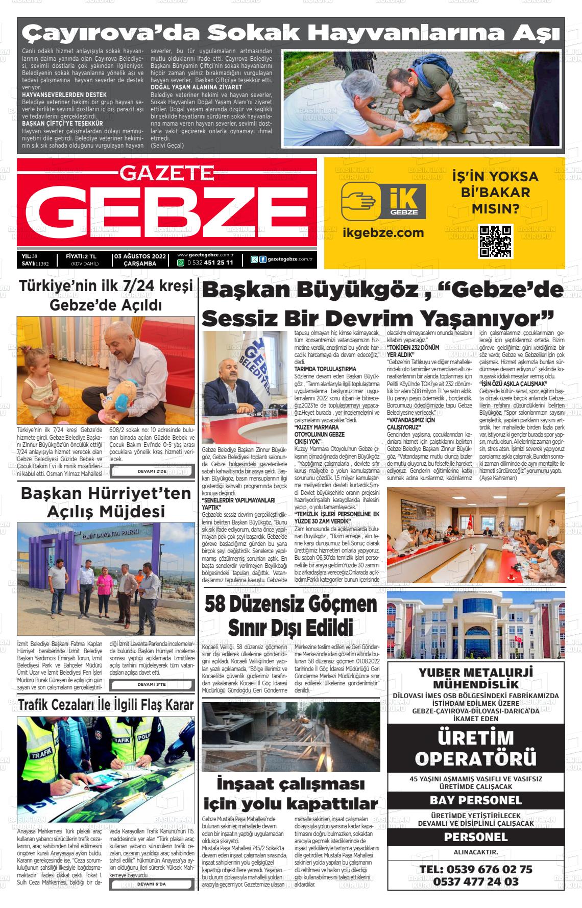 03 Ağustos 2022 Gebze Gazete Manşeti