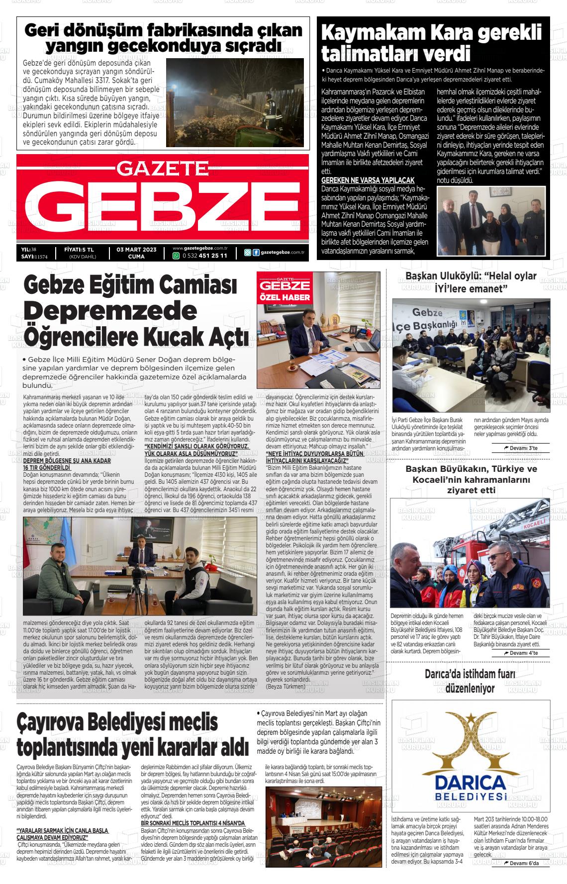 03 Mart 2023 Gebze Gazete Manşeti