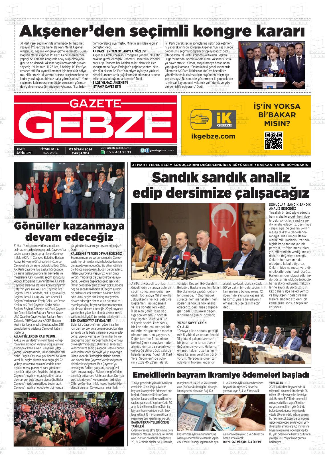 03 Nisan 2024 Gebze Gazete Manşeti