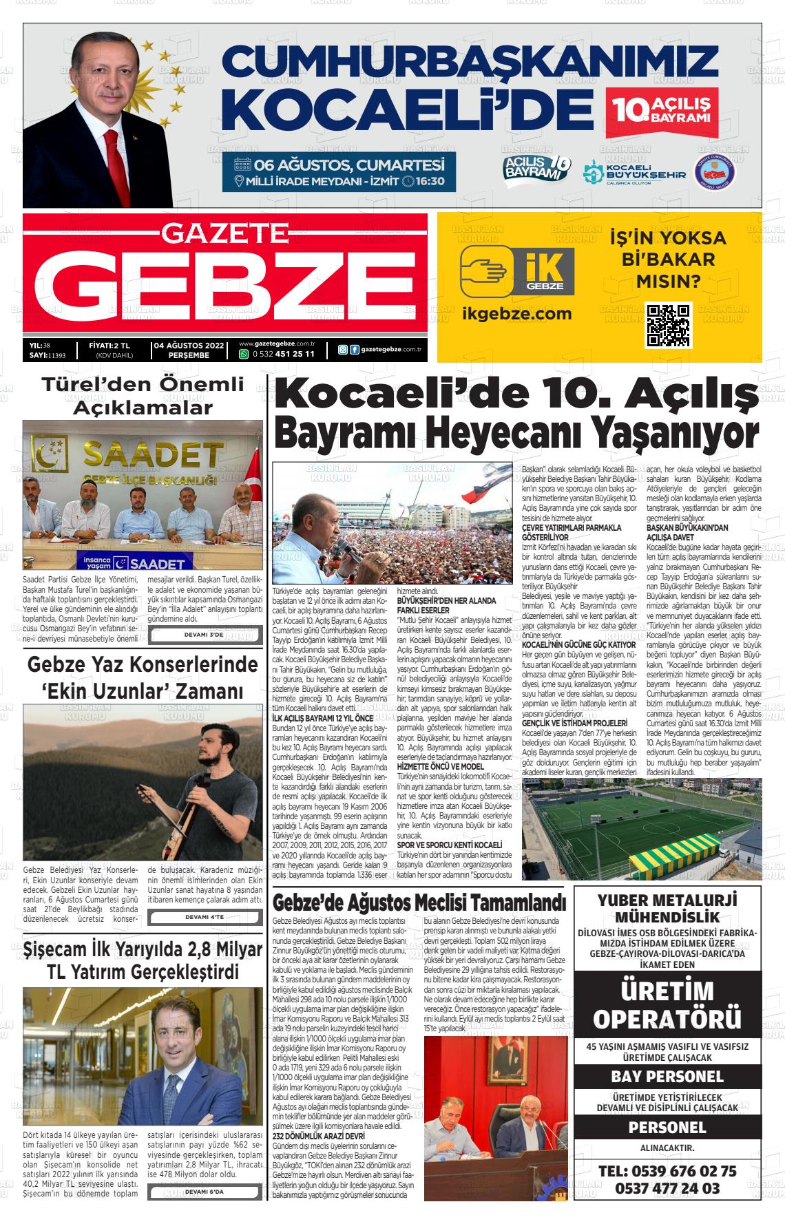 04 Ağustos 2022 Gebze Gazete Manşeti