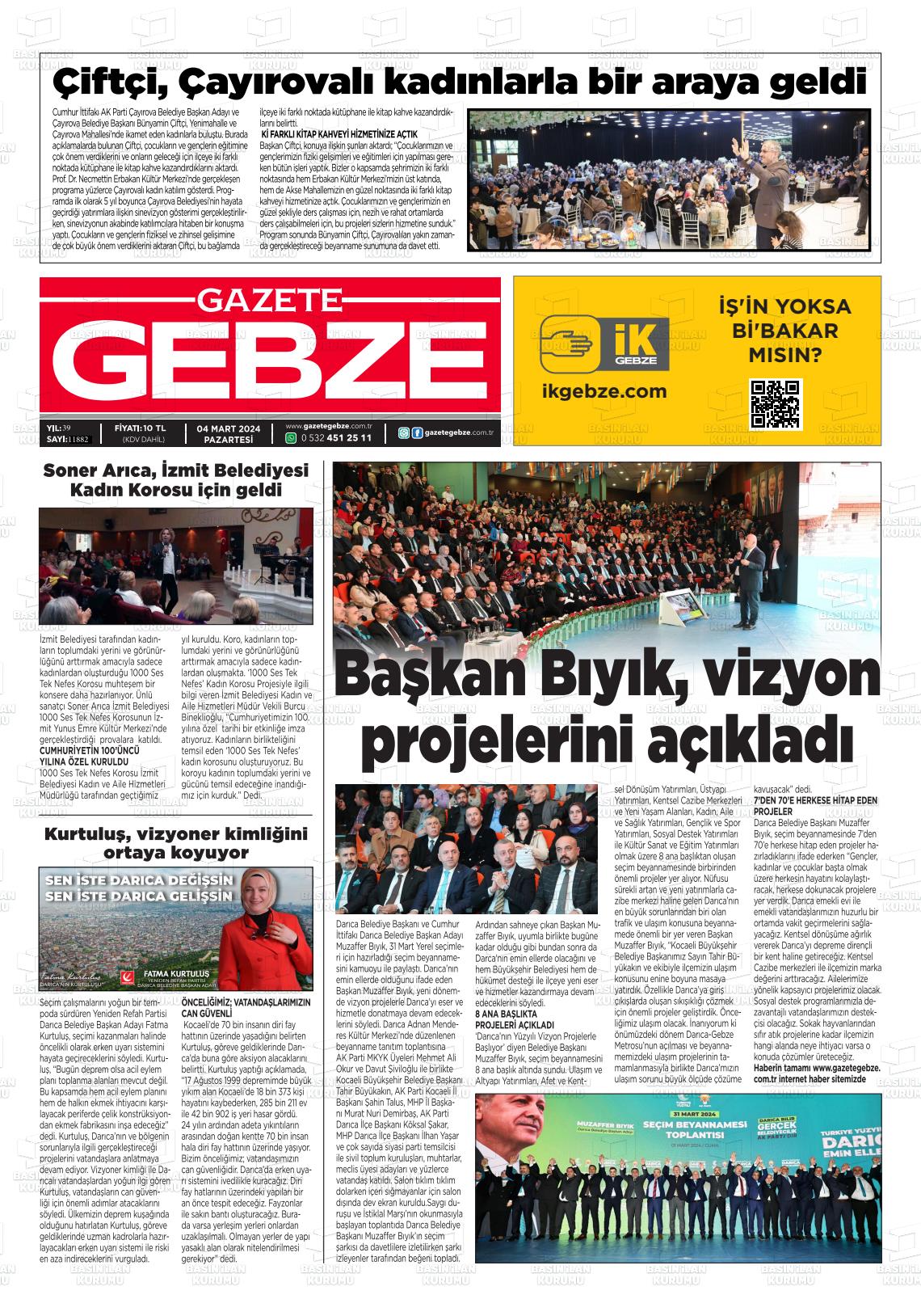 04 Mart 2024 Gebze Gazete Manşeti