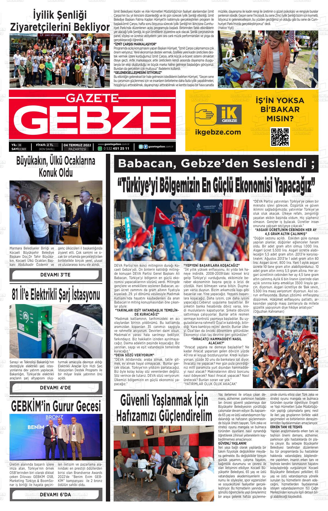 04 Temmuz 2022 Gebze Gazete Manşeti