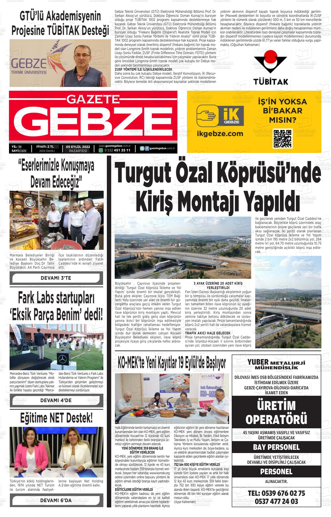 05 Eylül 2022 Gebze Gazete Manşeti