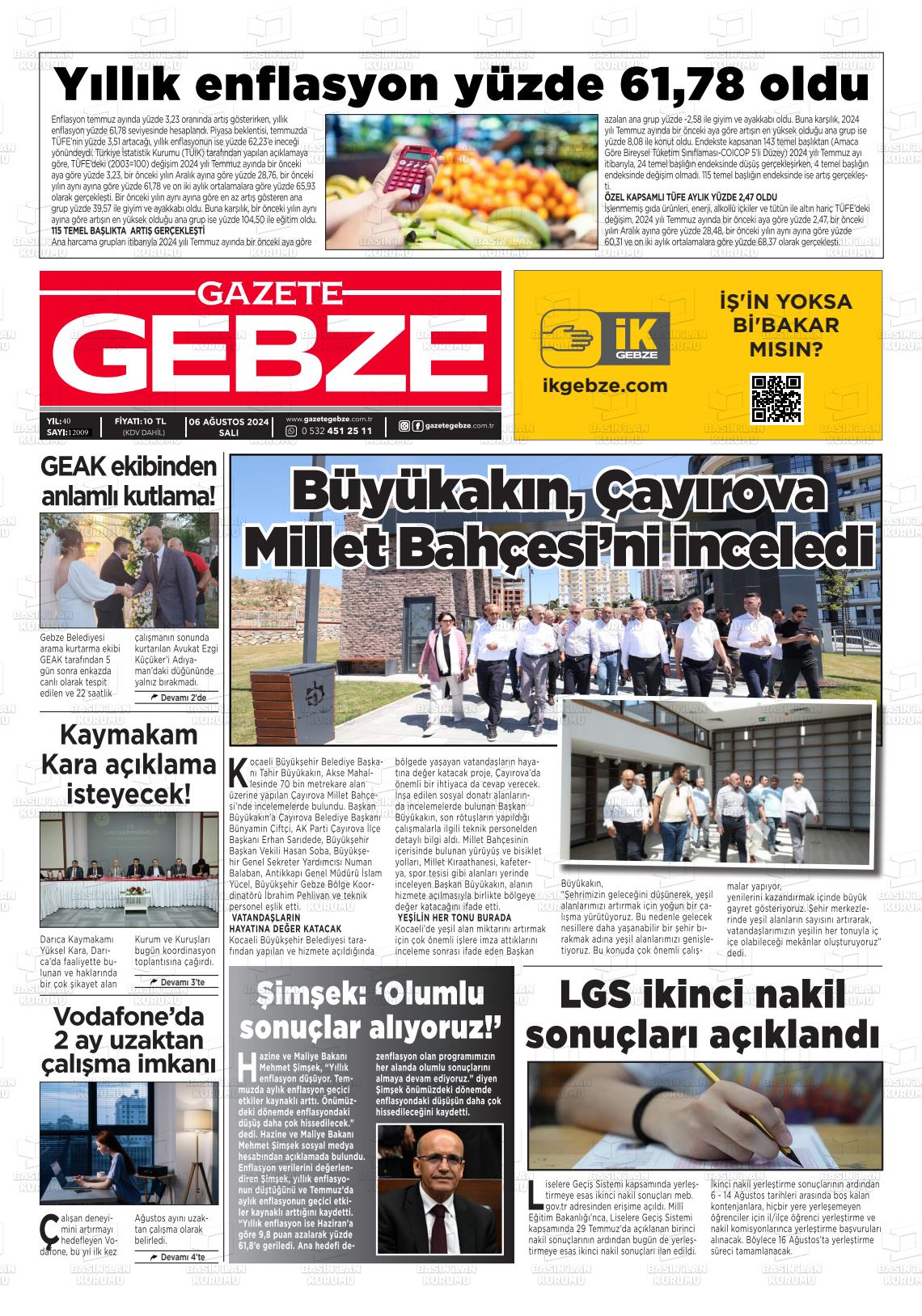 06 Ağustos 2024 Gebze Gazete Manşeti