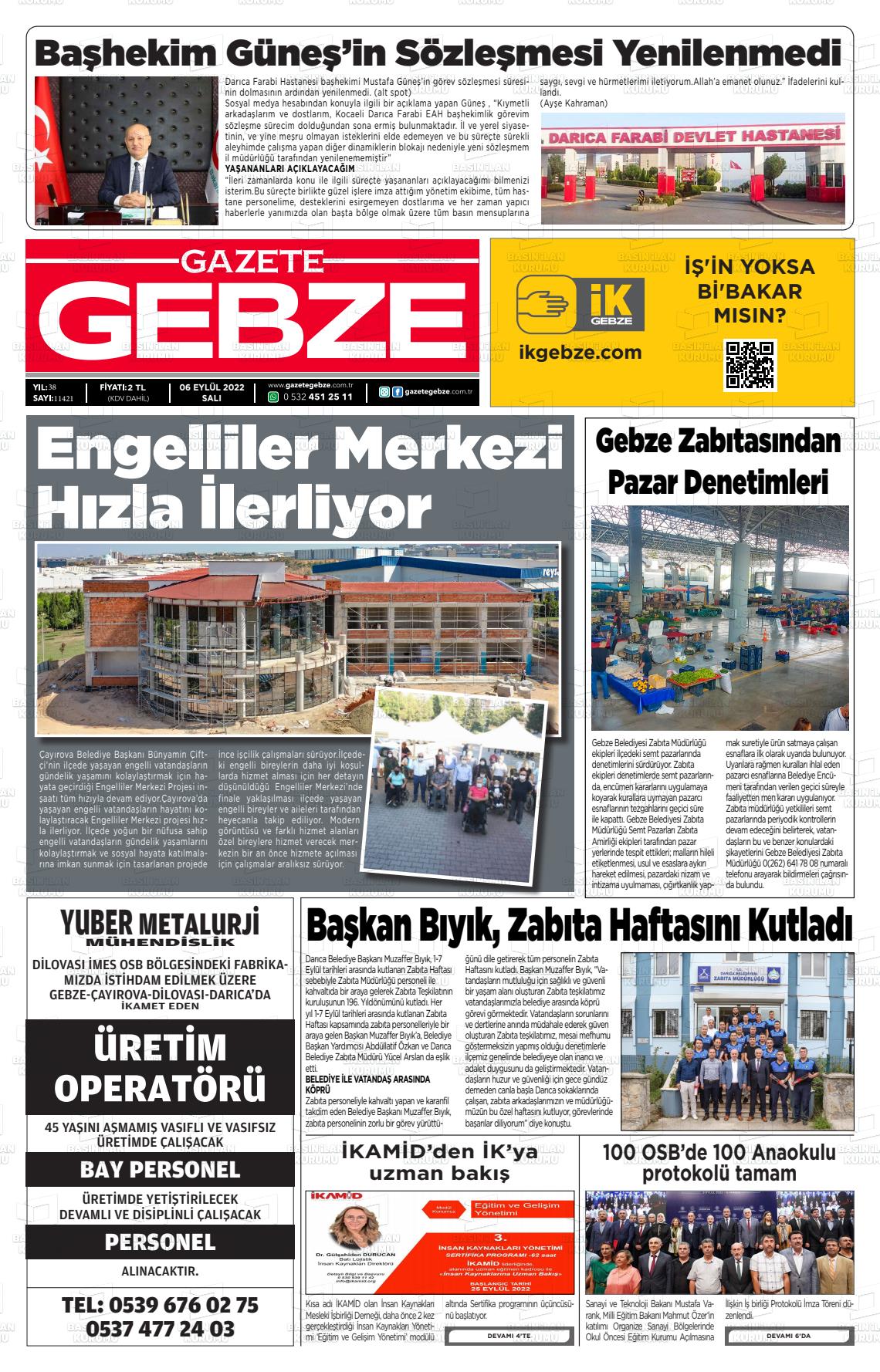 06 Eylül 2022 Gebze Gazete Manşeti