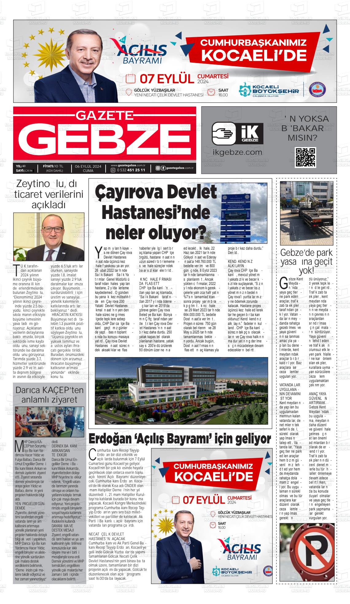 06 Eylül 2024 Gebze Gazete Manşeti