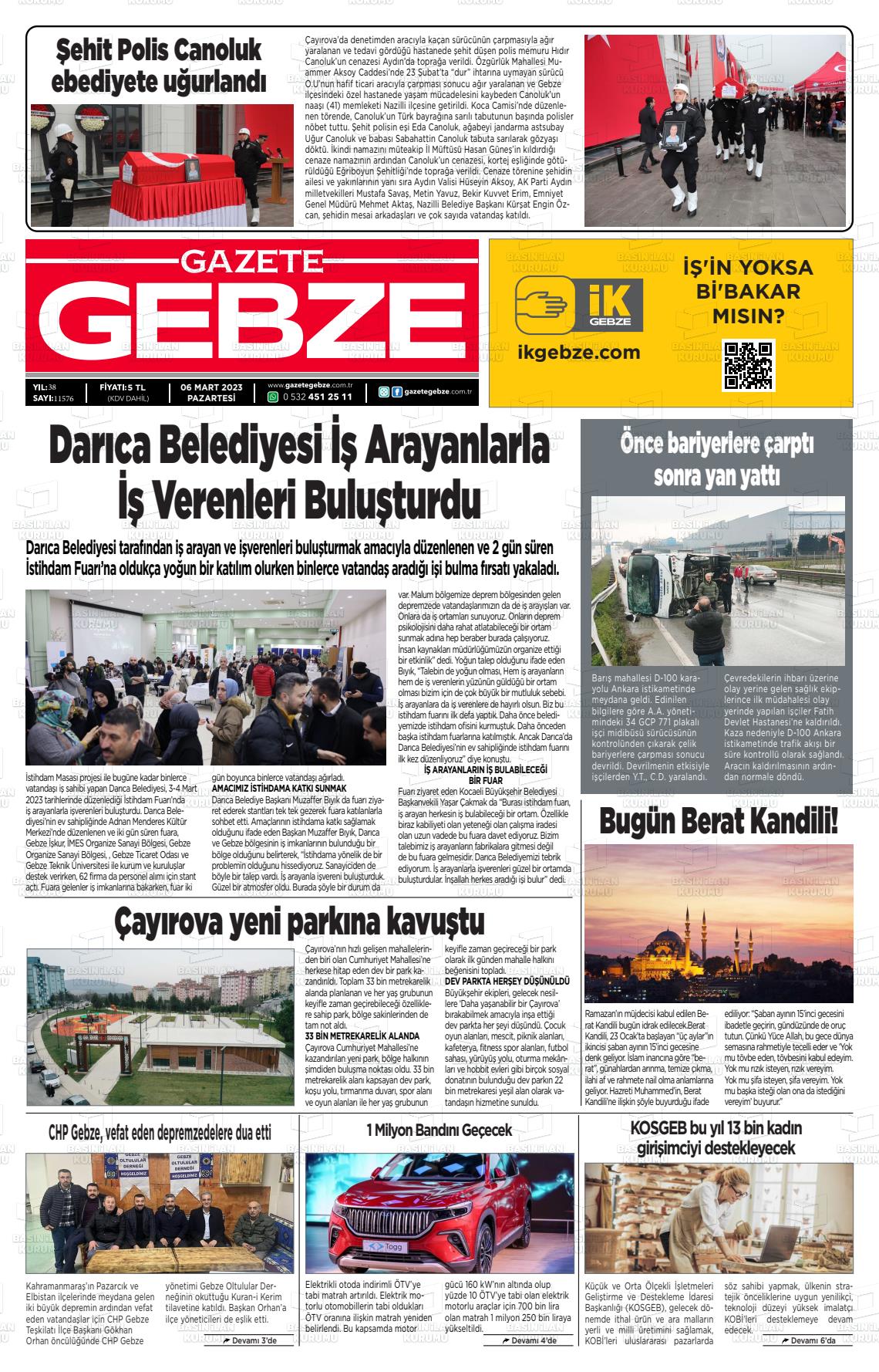 06 Mart 2023 Gebze Gazete Manşeti