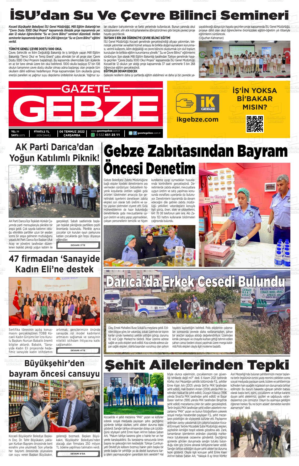 06 Temmuz 2022 Gebze Gazete Manşeti