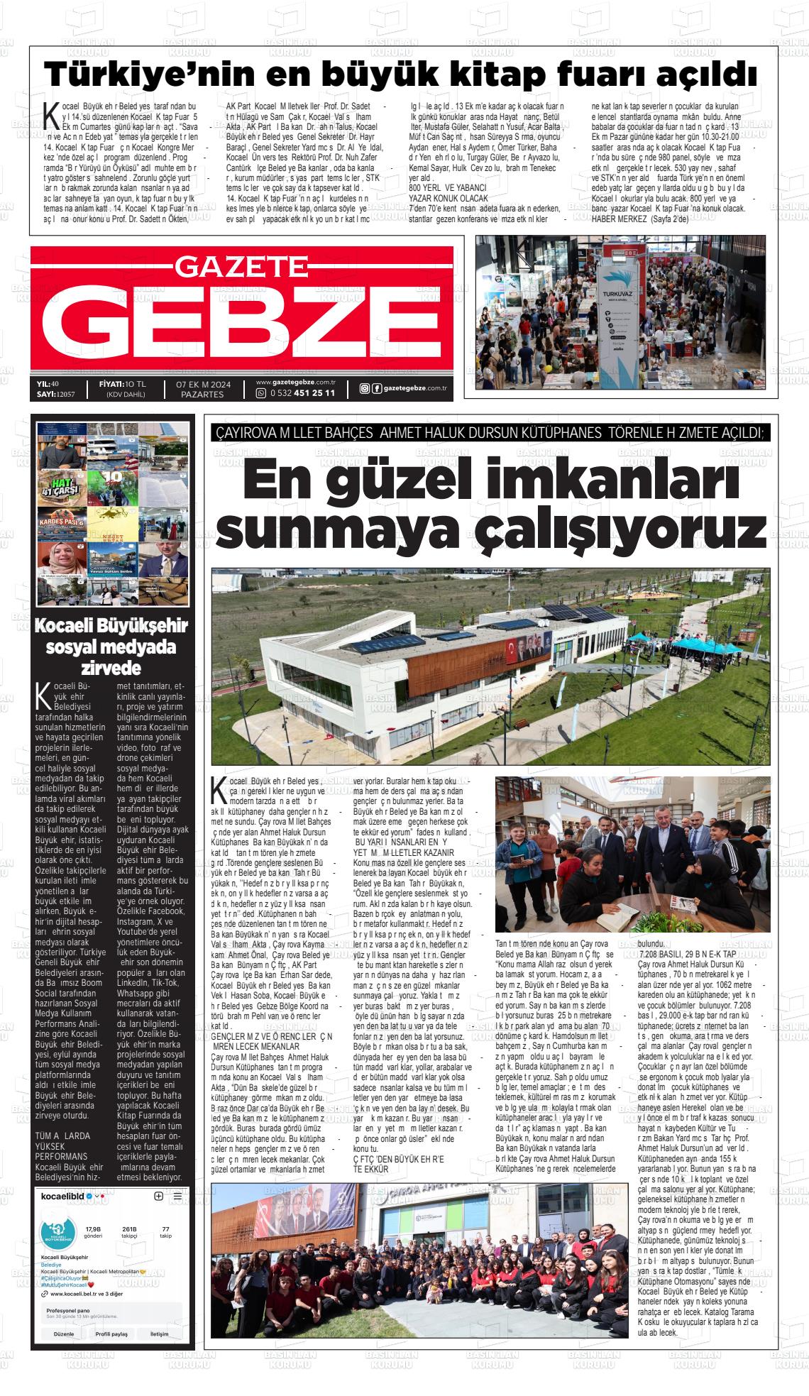 07 Ekim 2024 Gebze Gazete Manşeti