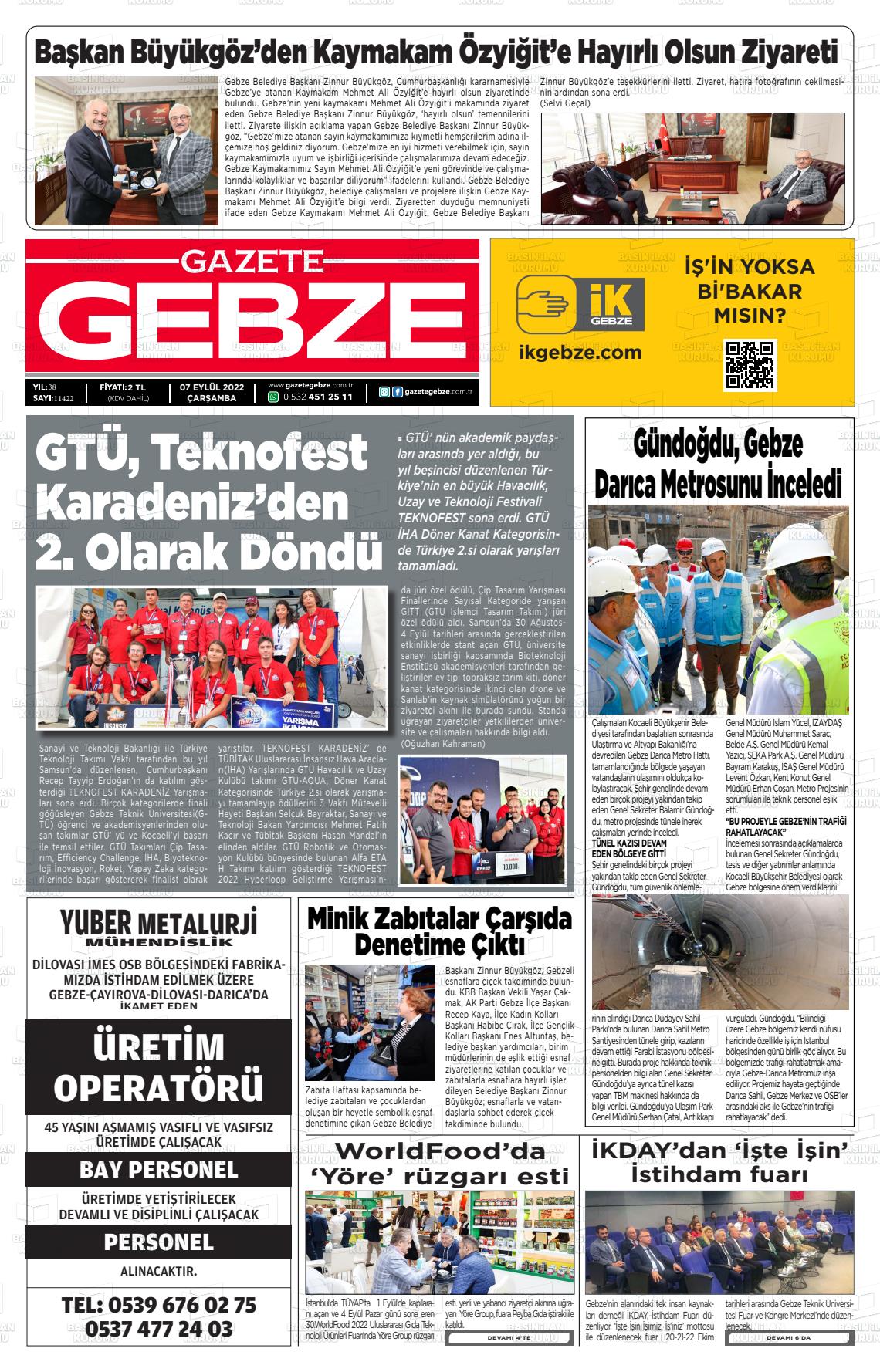 07 Eylül 2022 Gebze Gazete Manşeti