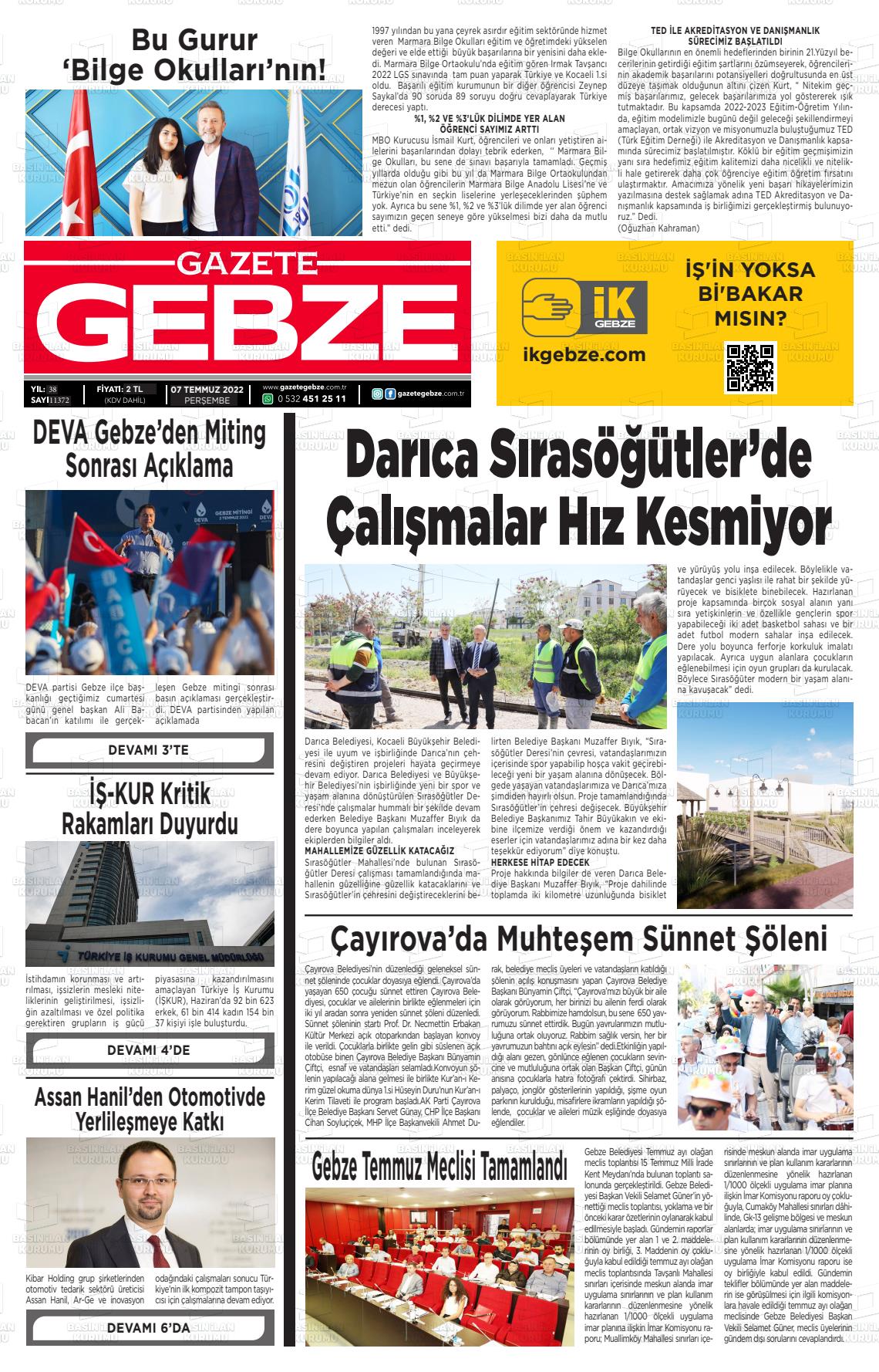 07 Temmuz 2022 Gebze Gazete Manşeti