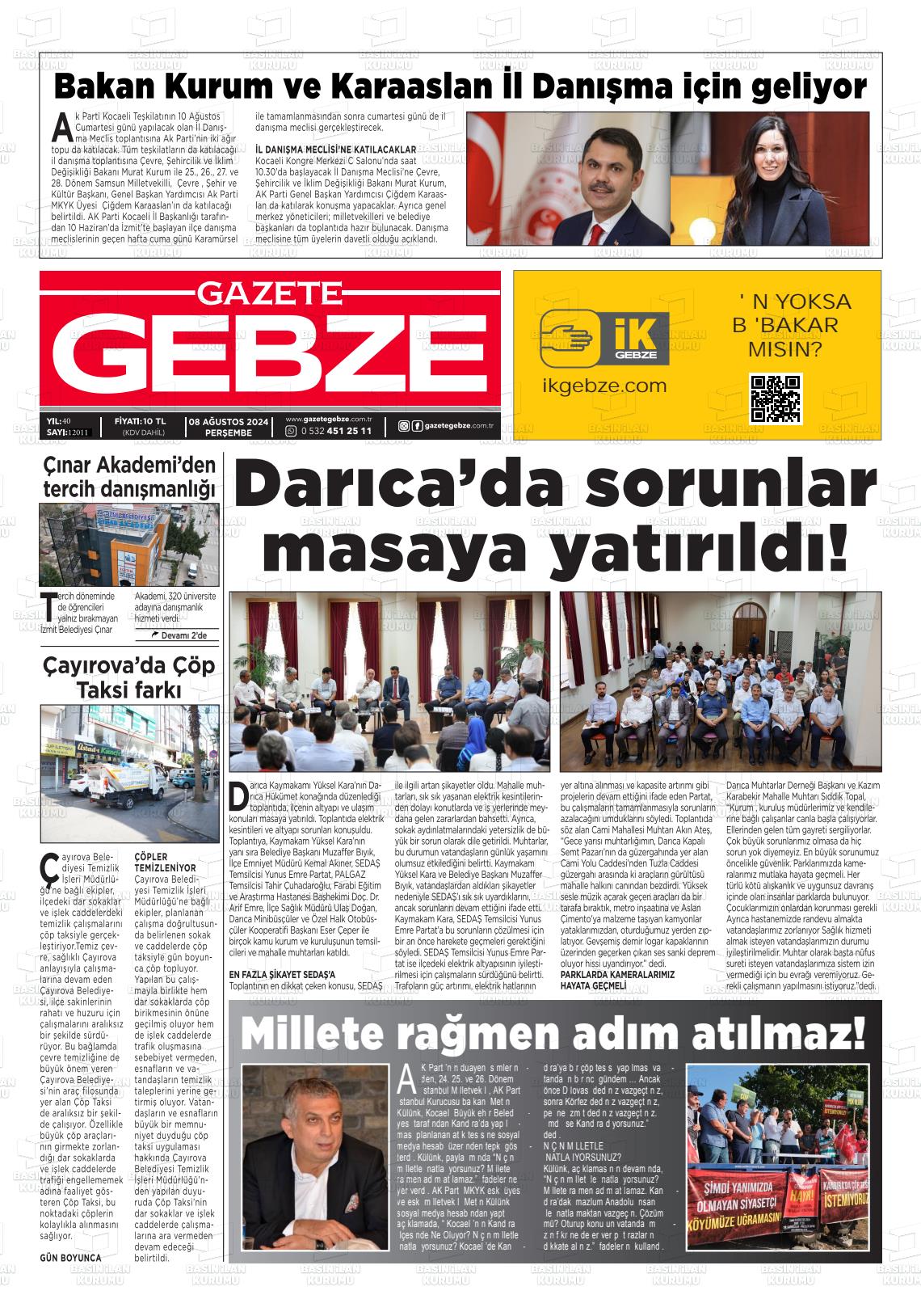 08 Ağustos 2024 Gebze Gazete Manşeti