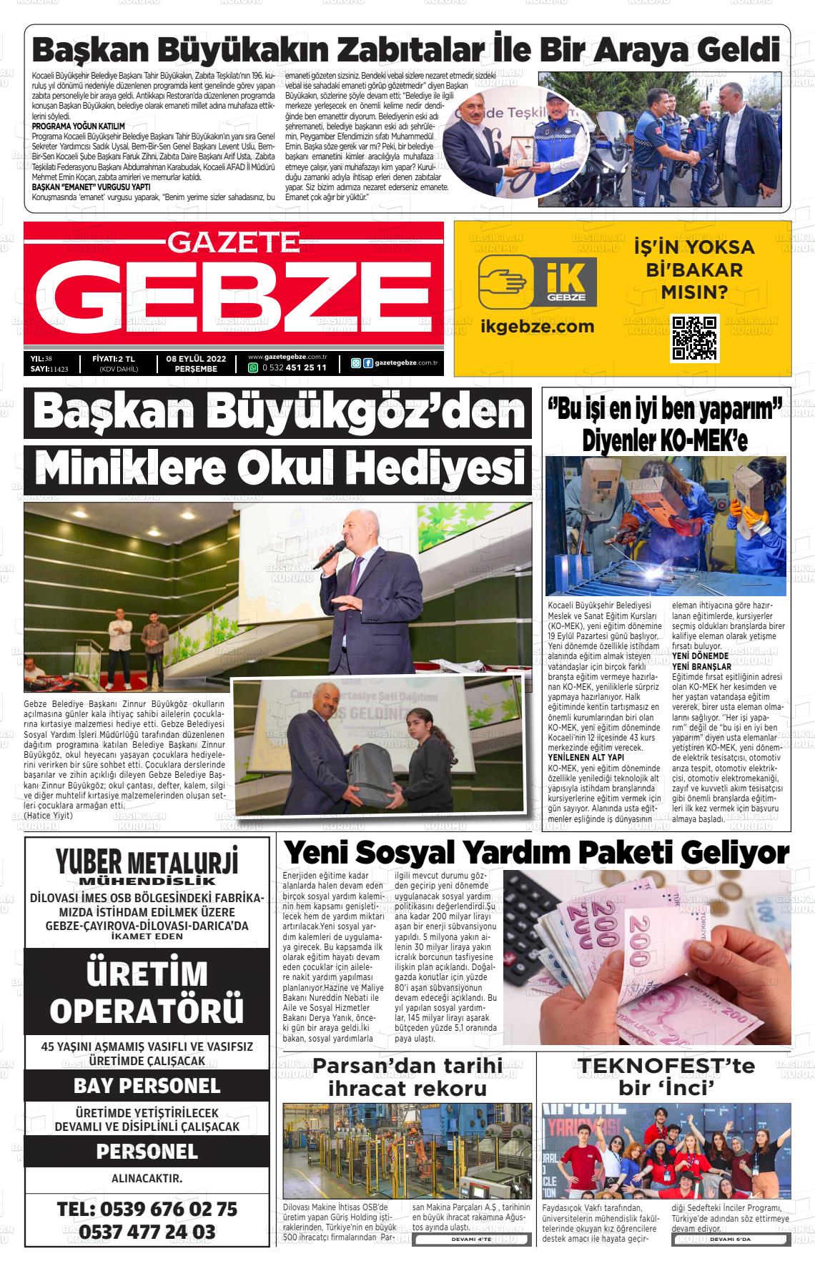 08 Eylül 2022 Gebze Gazete Manşeti