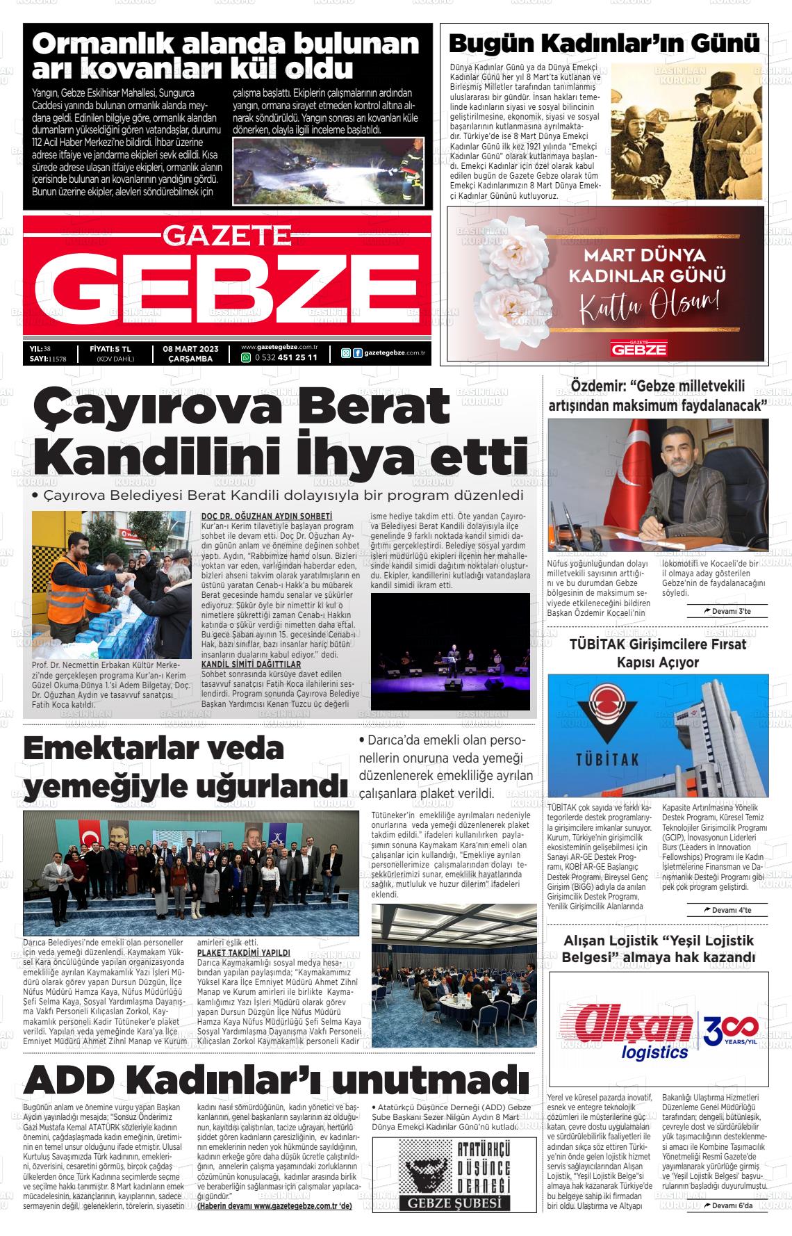 08 Mart 2023 Gebze Gazete Manşeti