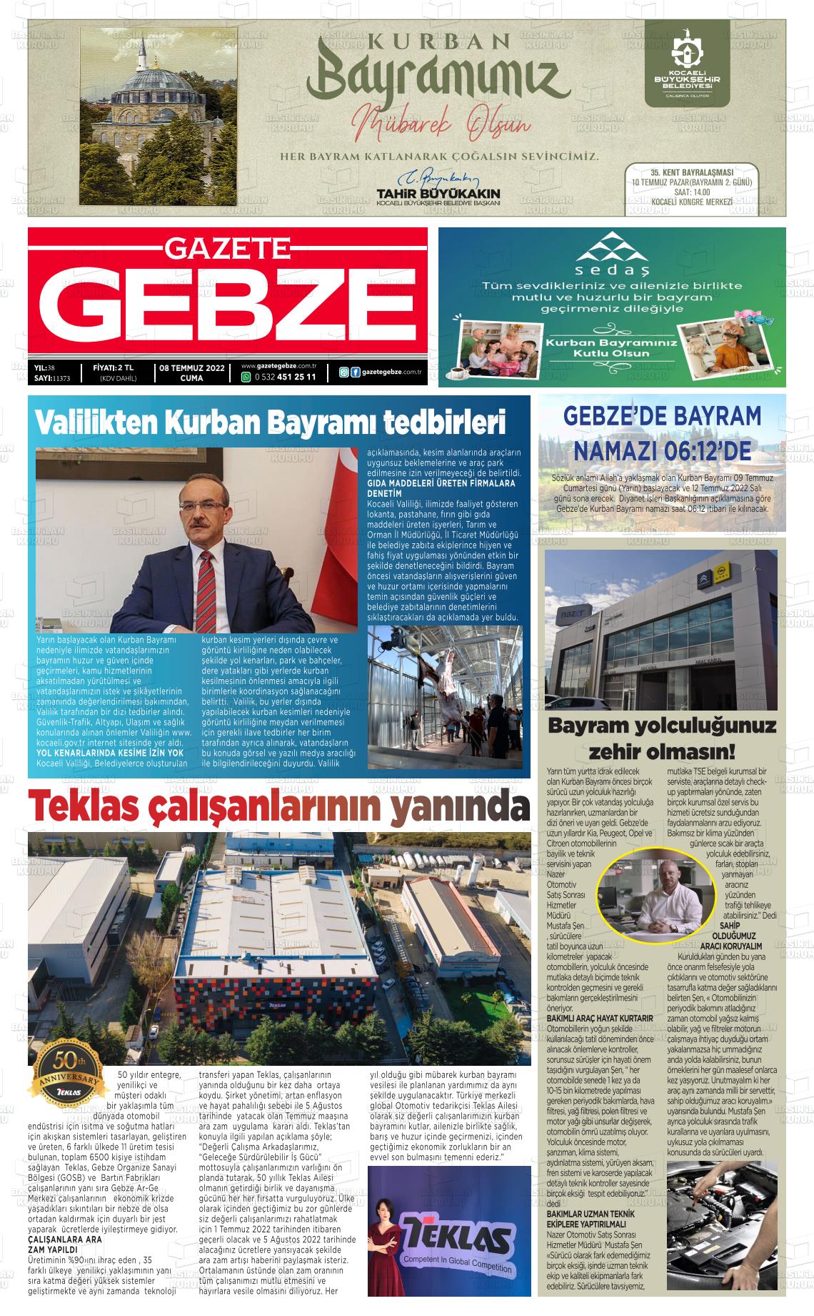 08 Temmuz 2022 Gebze Gazete Manşeti