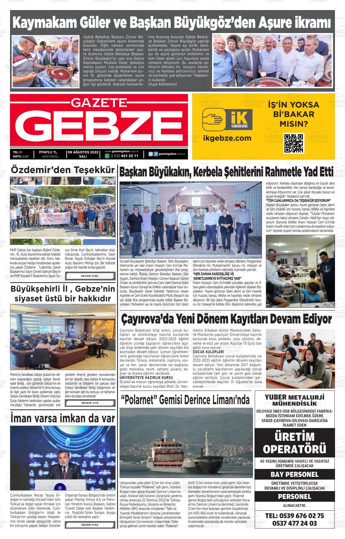 09 Ağustos 2022 Gebze Gazete Manşeti