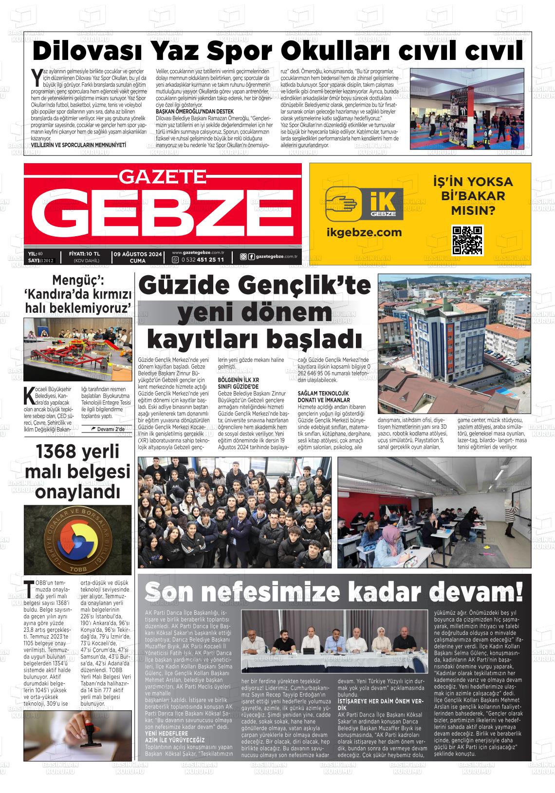 09 Ağustos 2024 Gebze Gazete Manşeti