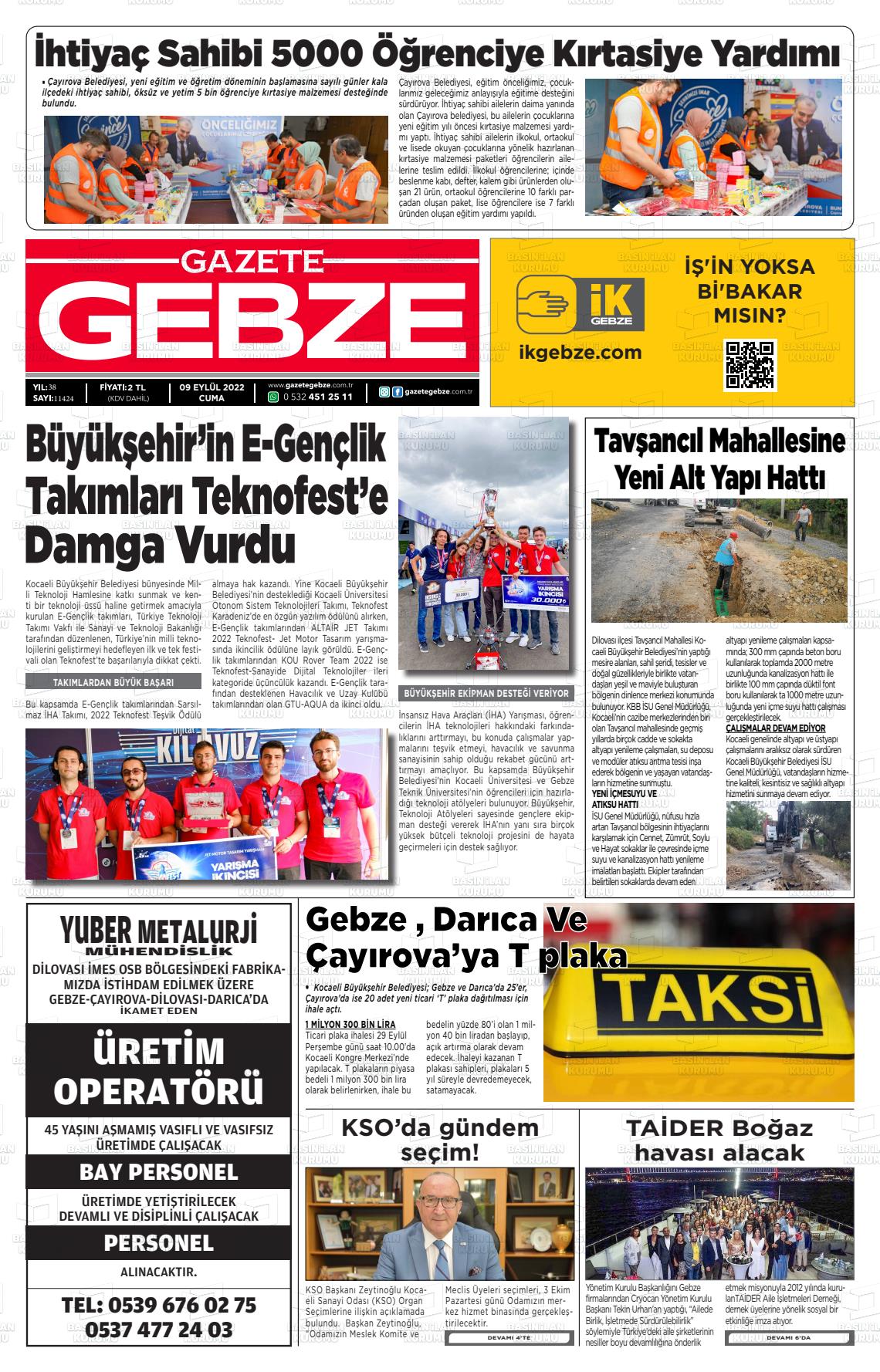 09 Eylül 2022 Gebze Gazete Manşeti