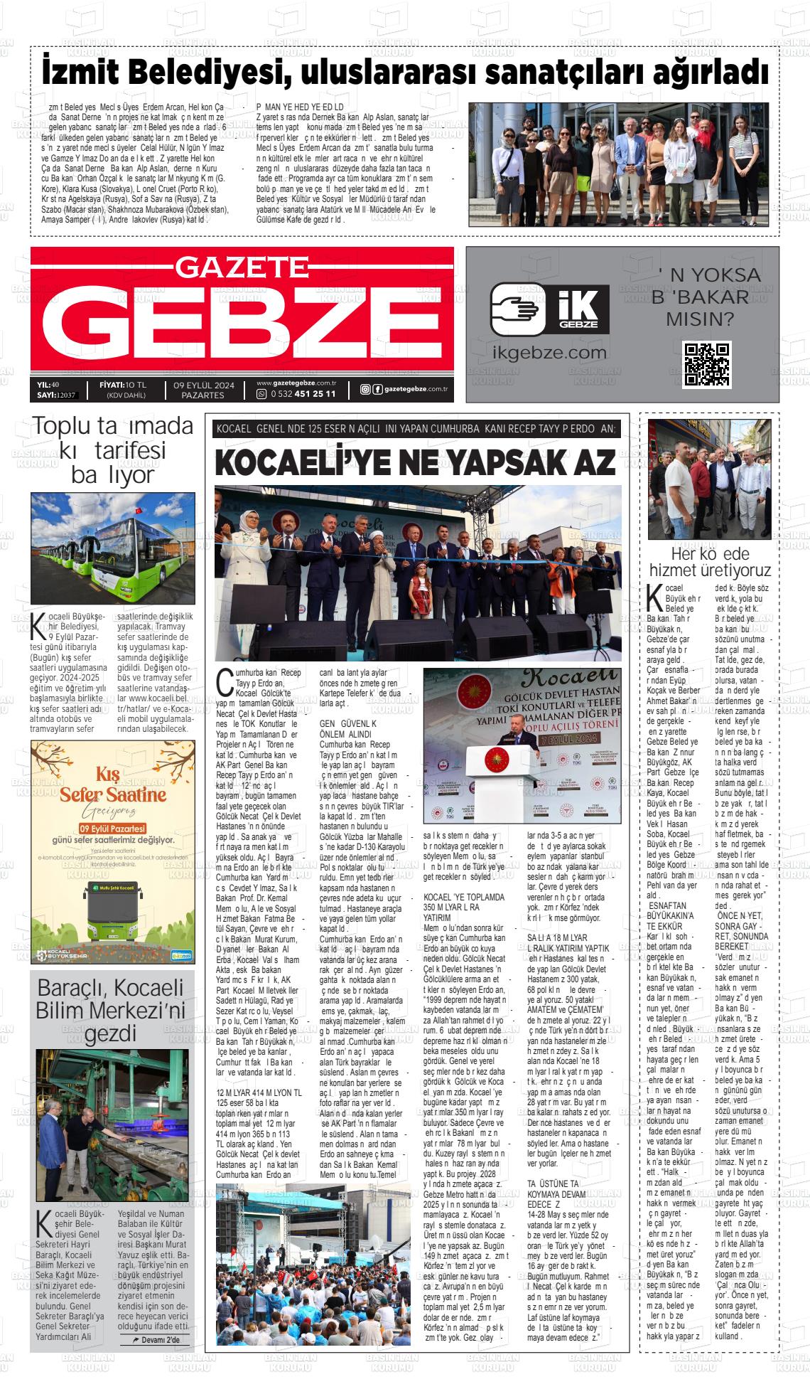 09 Eylül 2024 Gebze Gazete Manşeti