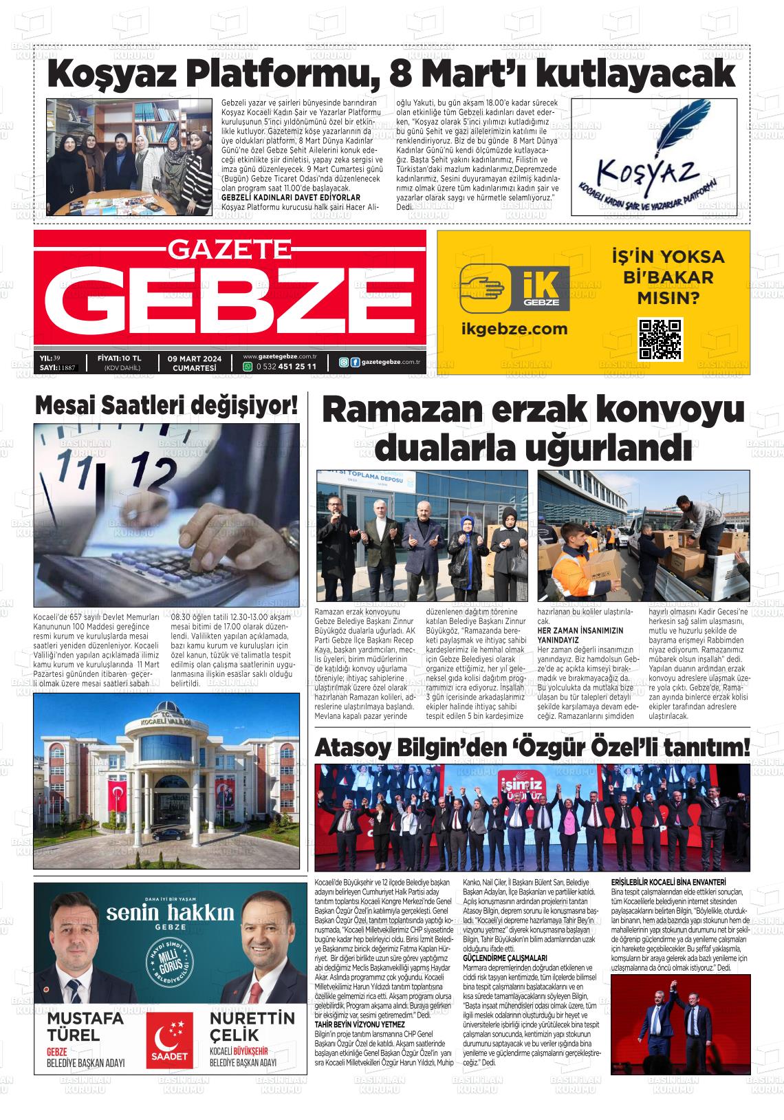 09 Mart 2024 Gebze Gazete Manşeti