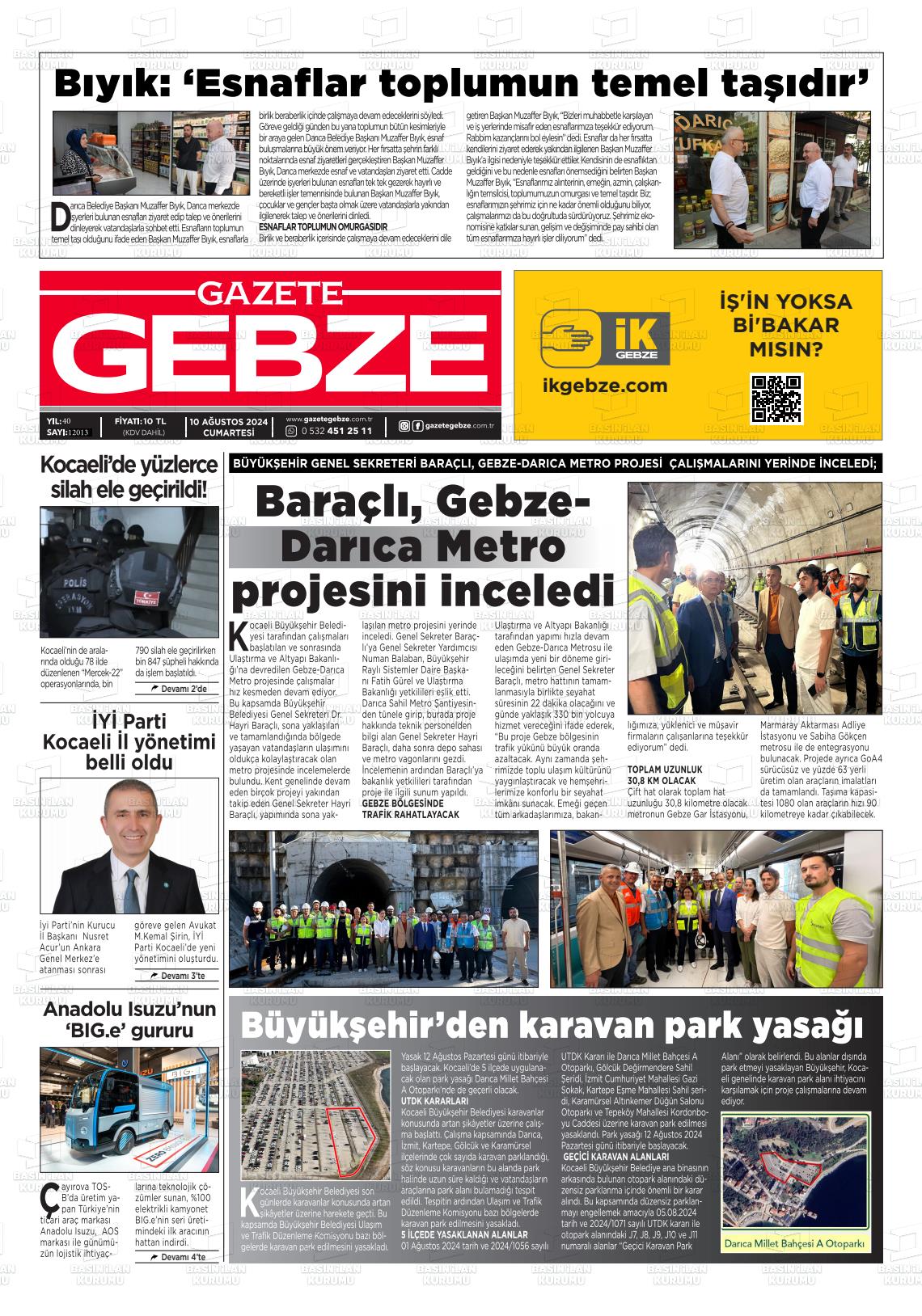 10 Ağustos 2024 Gebze Gazete Manşeti