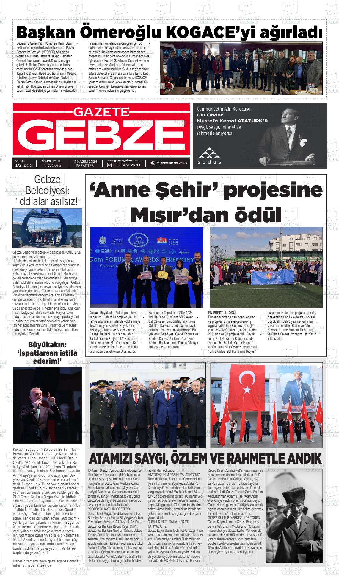 11 Kasım 2024 Gebze Gazete Manşeti