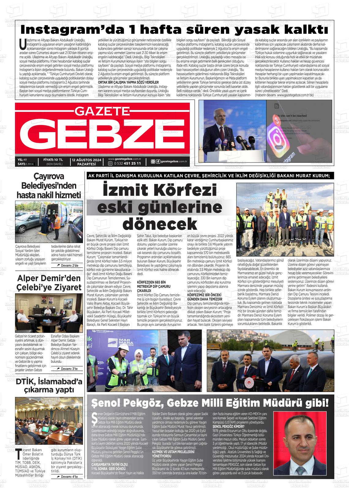 12 Ağustos 2024 Gebze Gazete Manşeti