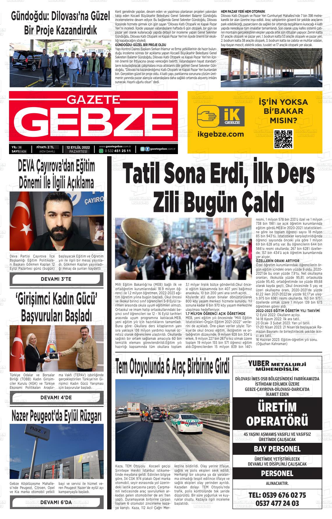 12 Eylül 2022 Gebze Gazete Manşeti