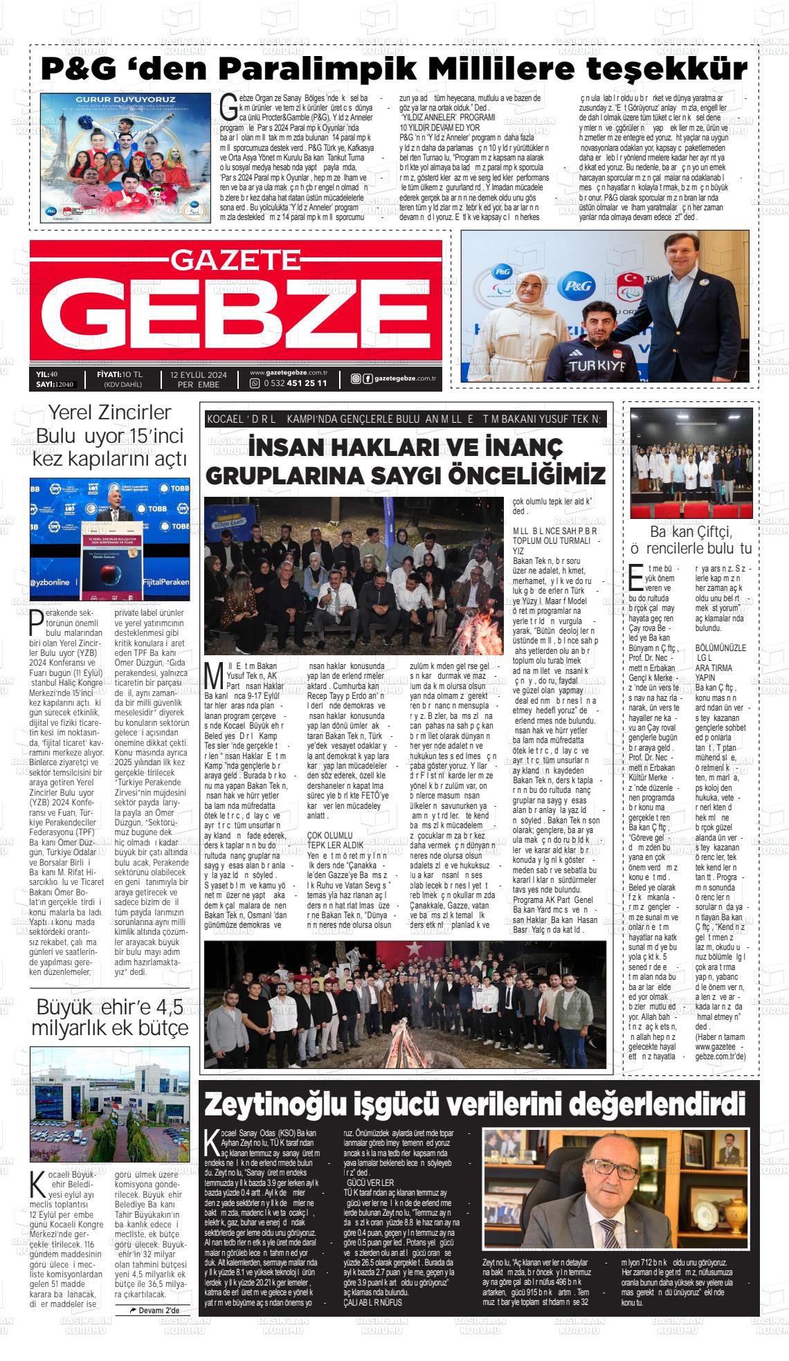 12 Eylül 2024 Gebze Gazete Manşeti