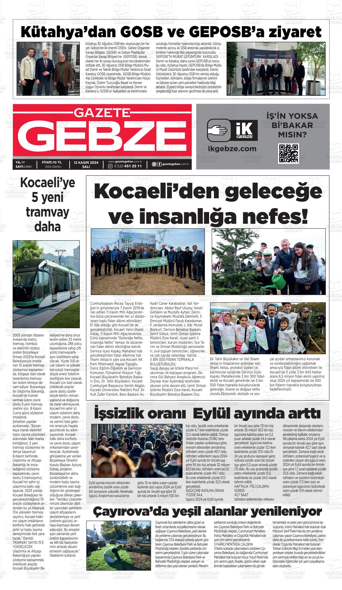 12 Kasım 2024 Gebze Gazete Manşeti