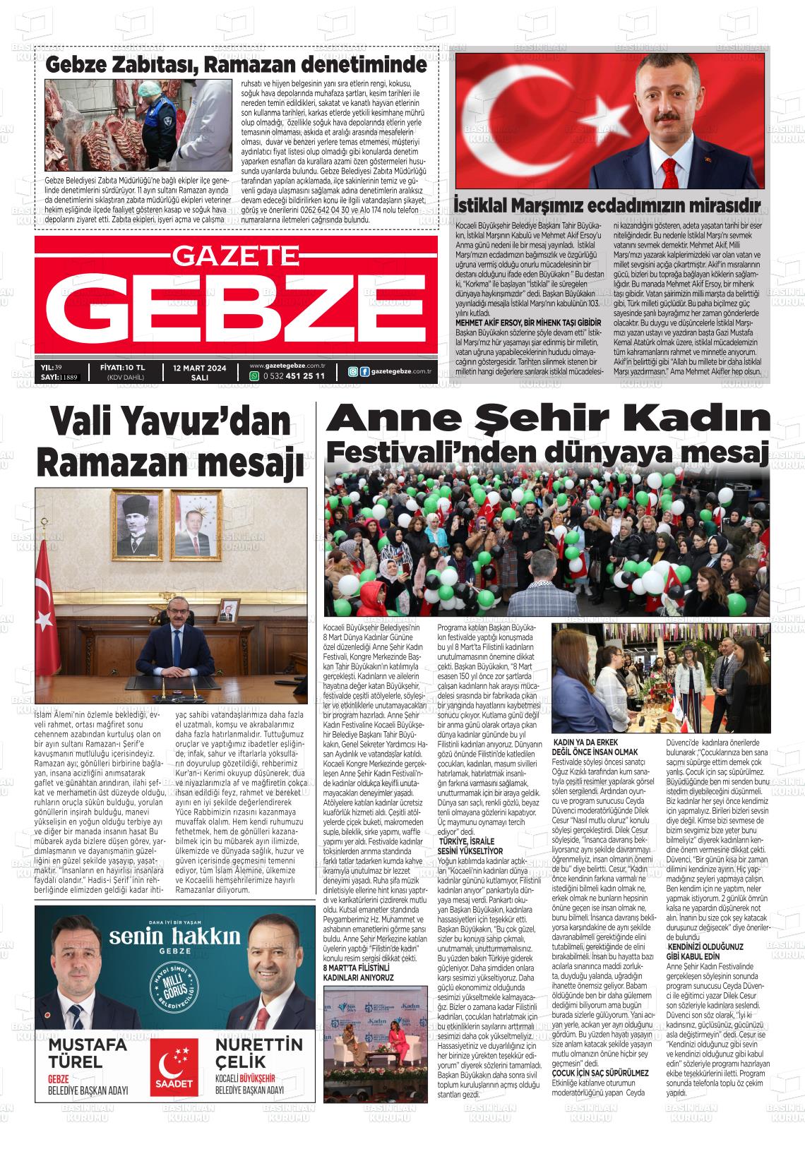 12 Mart 2024 Gebze Gazete Manşeti