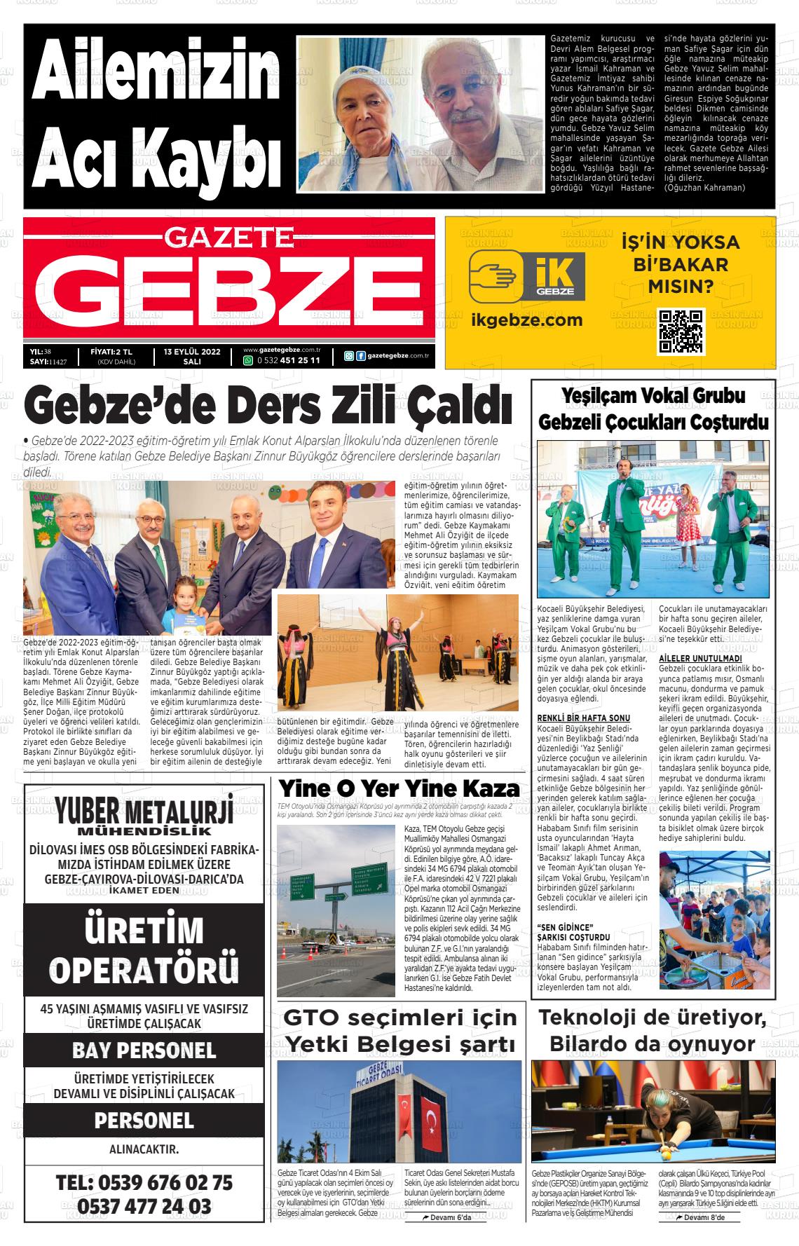 13 Eylül 2022 Gebze Gazete Manşeti