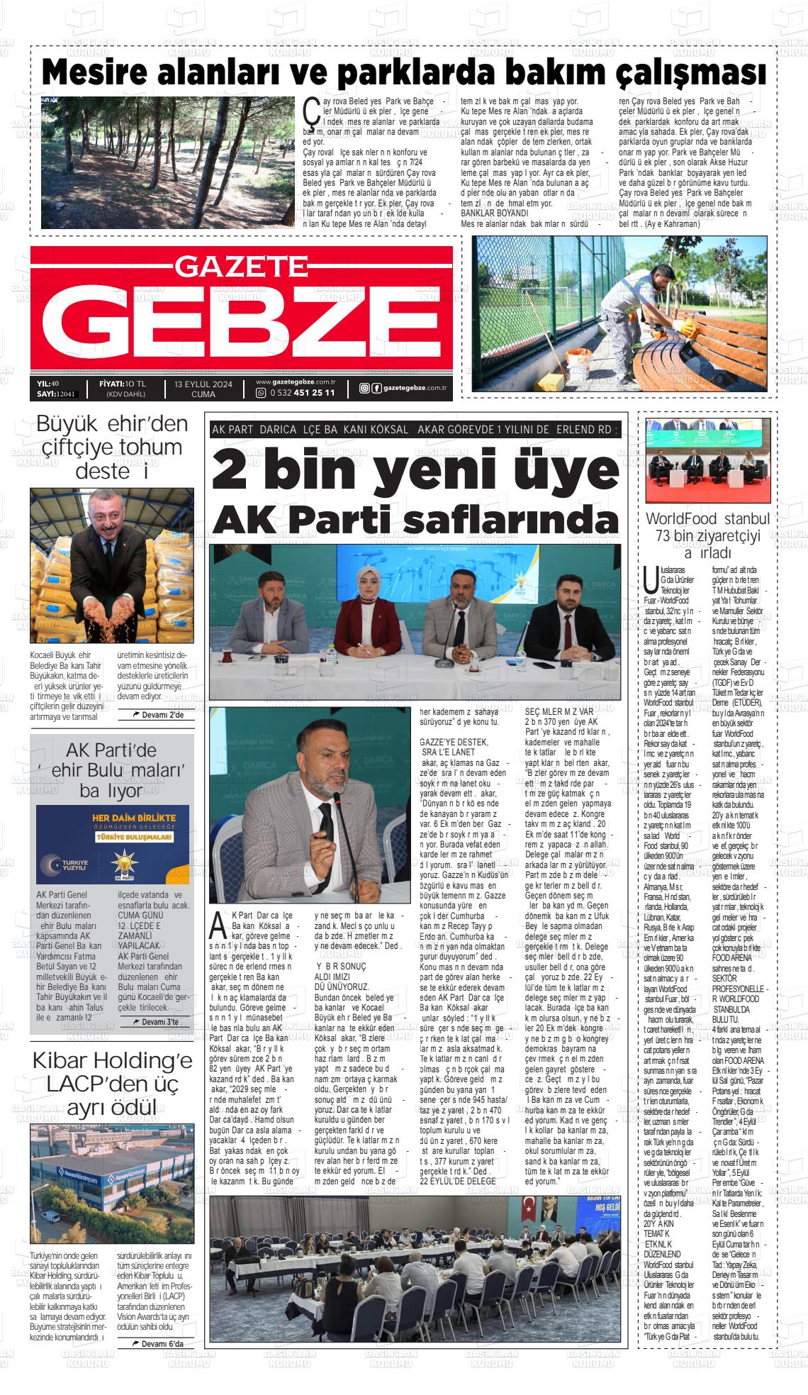 13 Eylül 2024 Gebze Gazete Manşeti