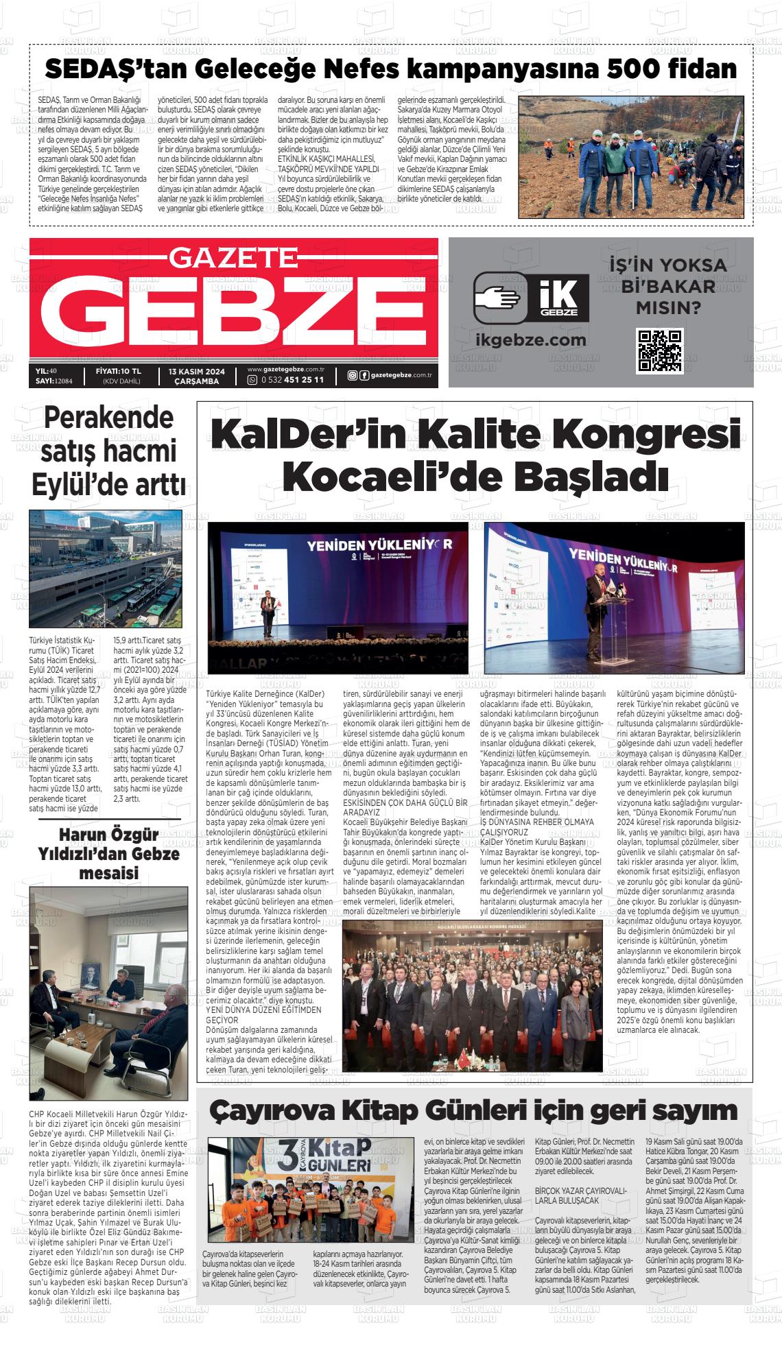 13 Kasım 2024 Gebze Gazete Manşeti