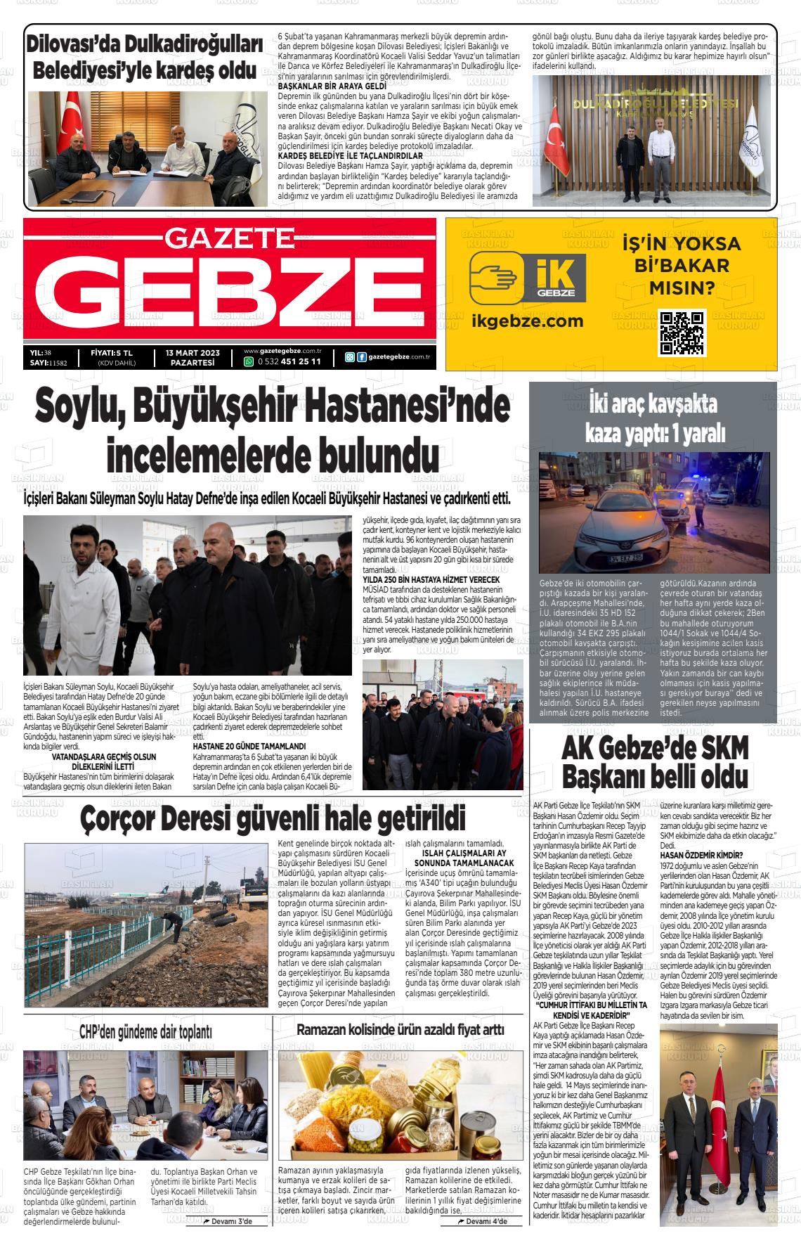 13 Mart 2023 Gebze Gazete Manşeti