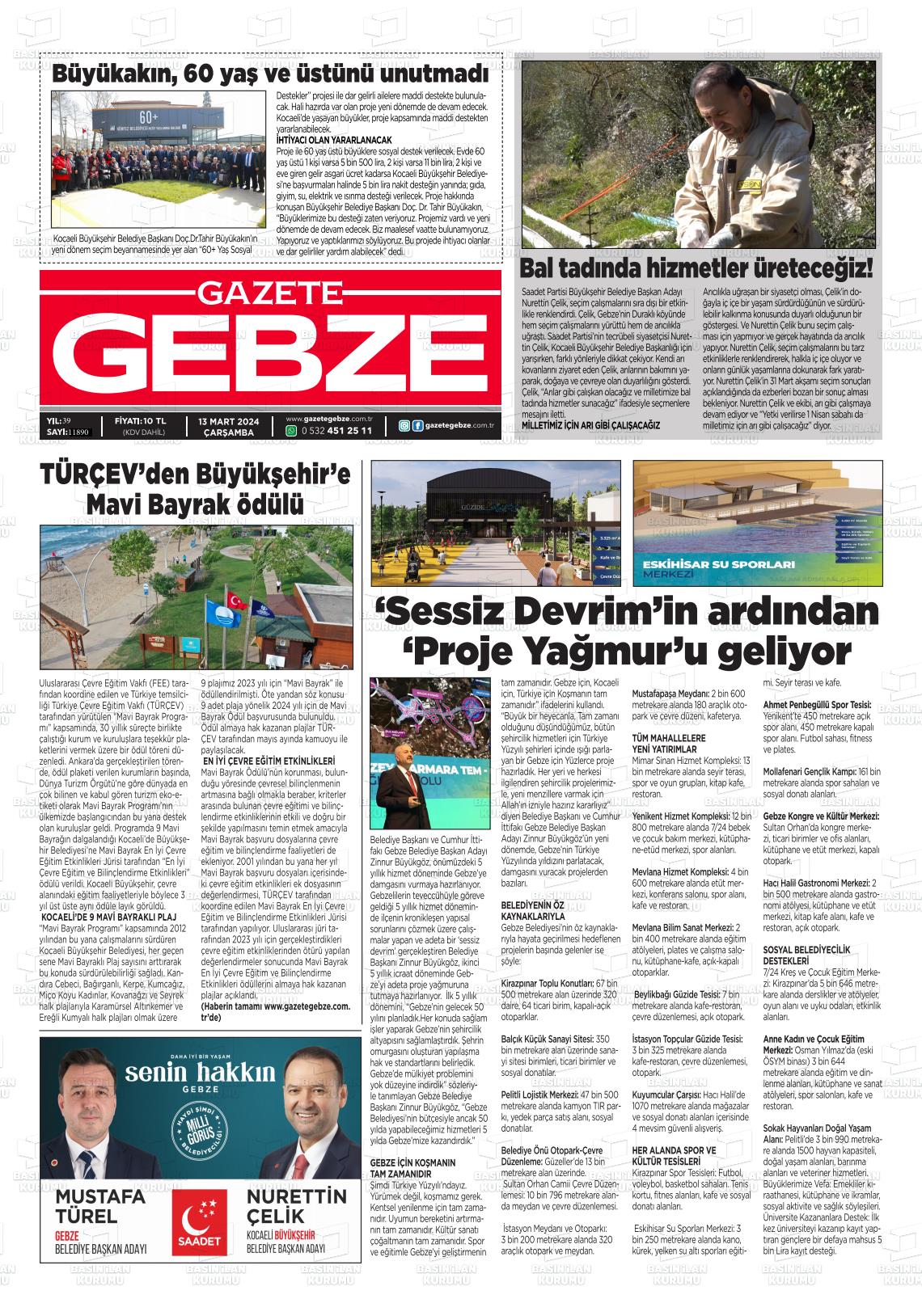 13 Mart 2024 Gebze Gazete Manşeti