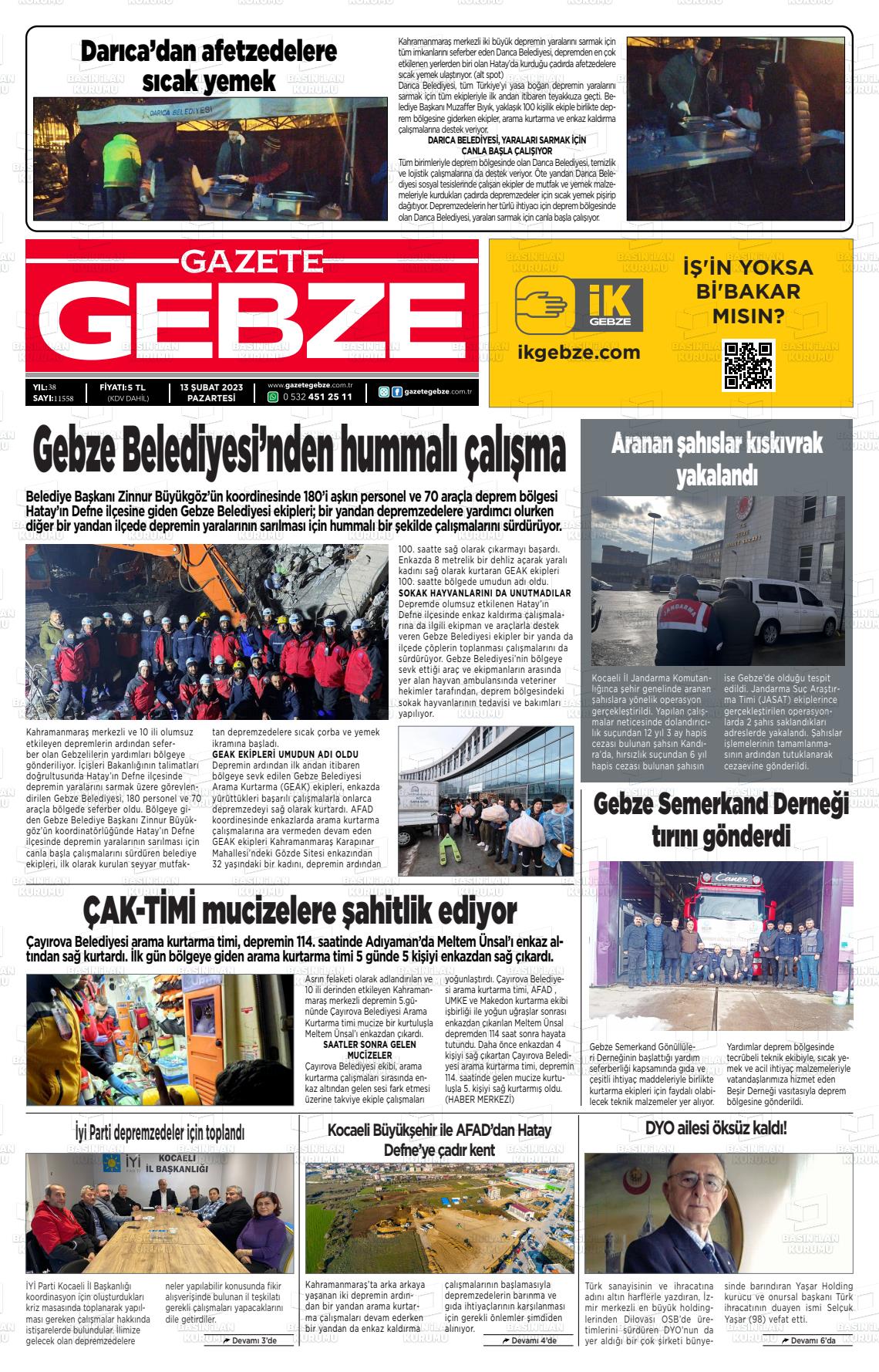 13 Şubat 2023 Gebze Gazete Manşeti