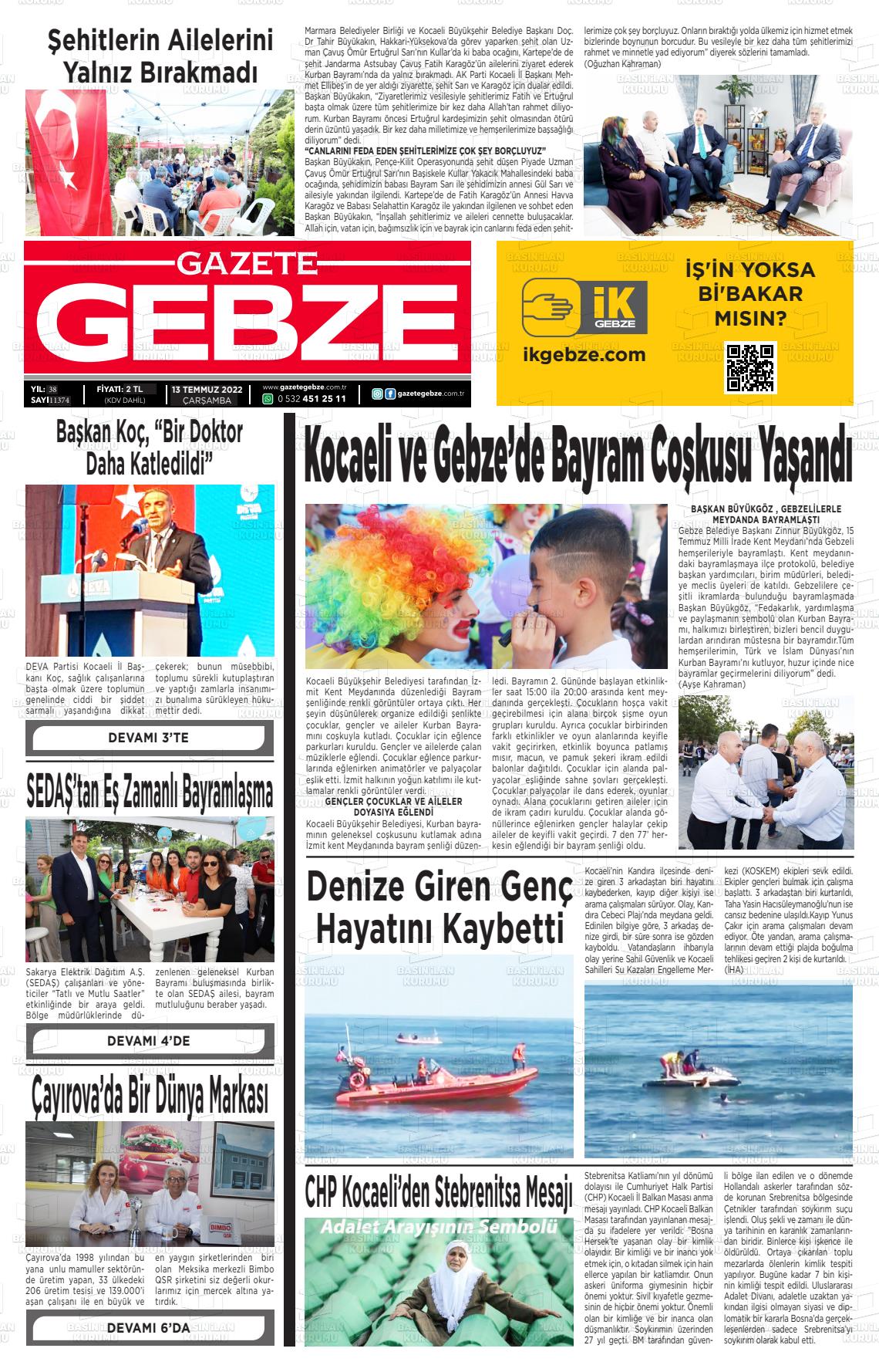 13 Temmuz 2022 Gebze Gazete Manşeti