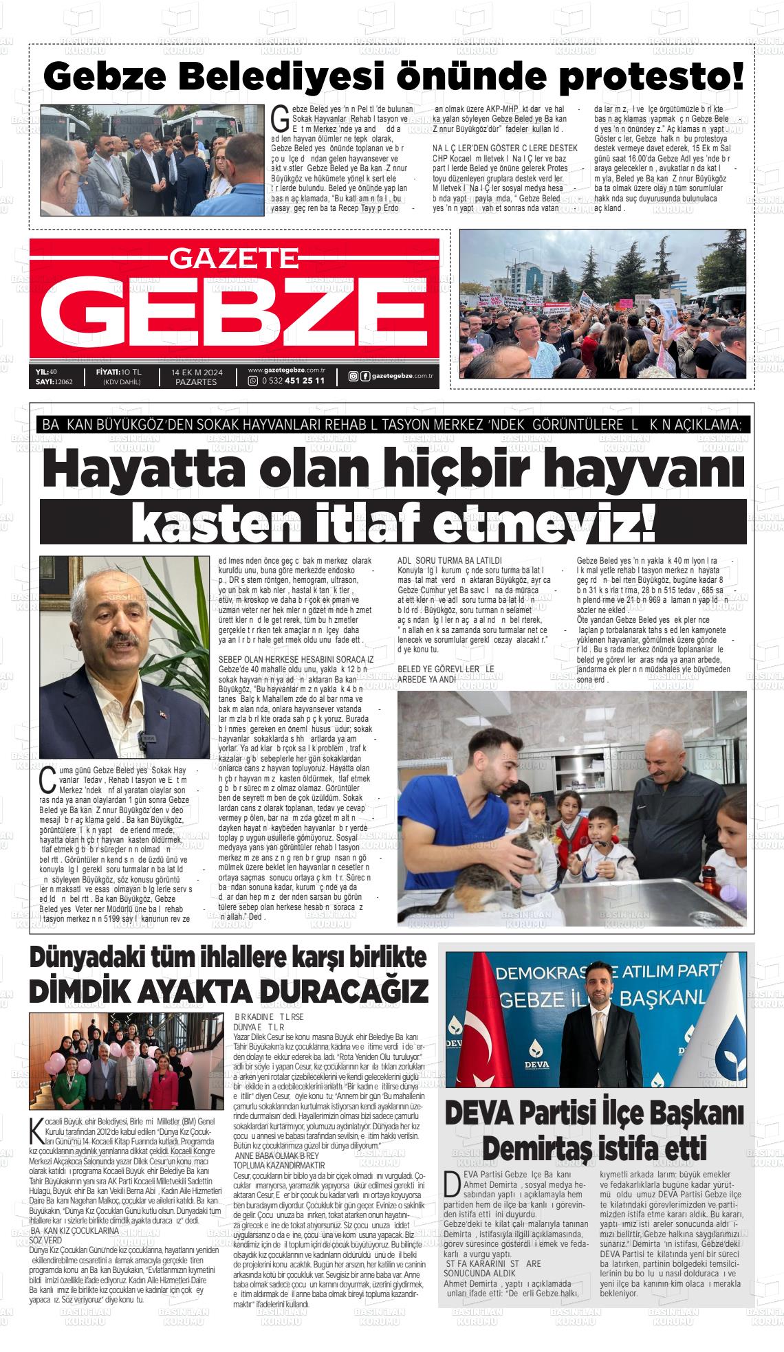 14 Ekim 2024 Gebze Gazete Manşeti