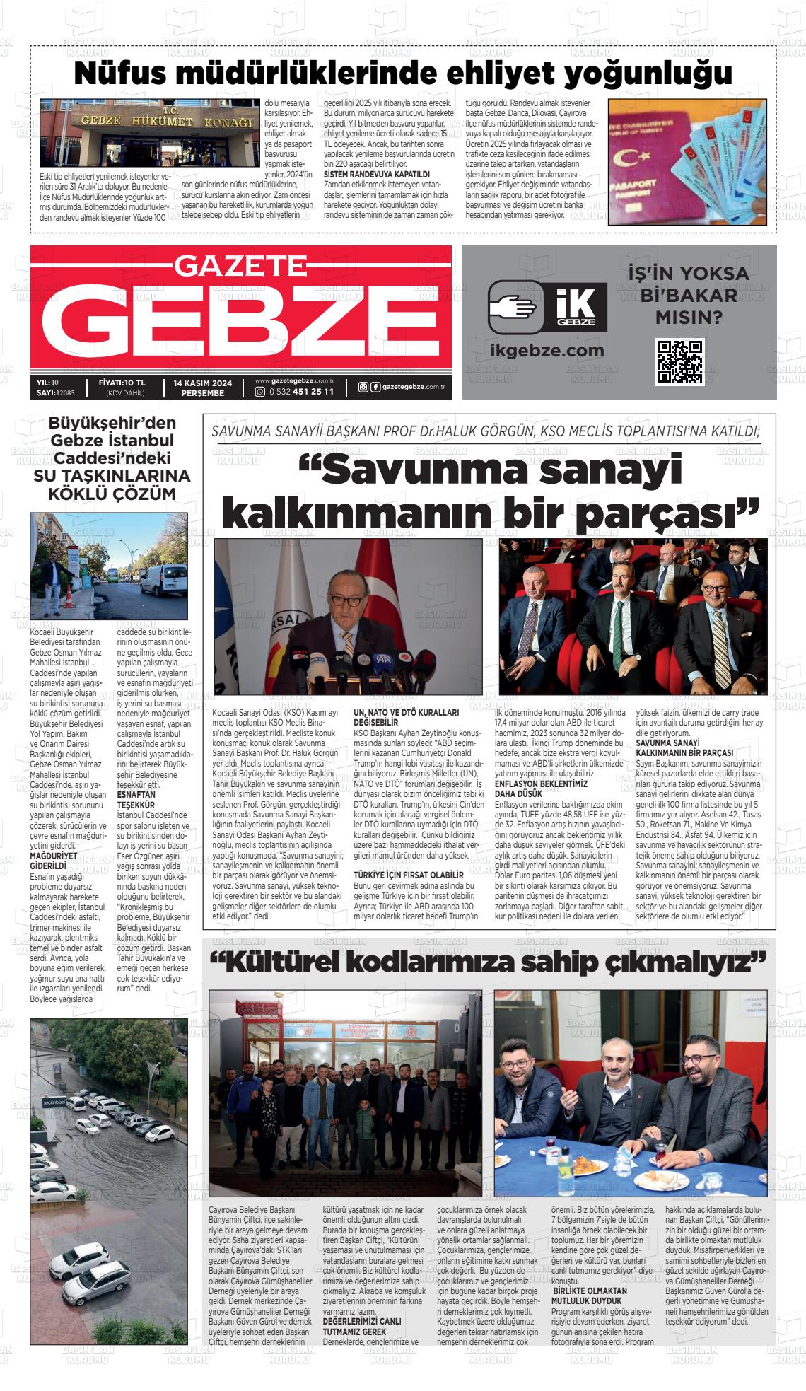 14 Kasım 2024 Gebze Gazete Manşeti