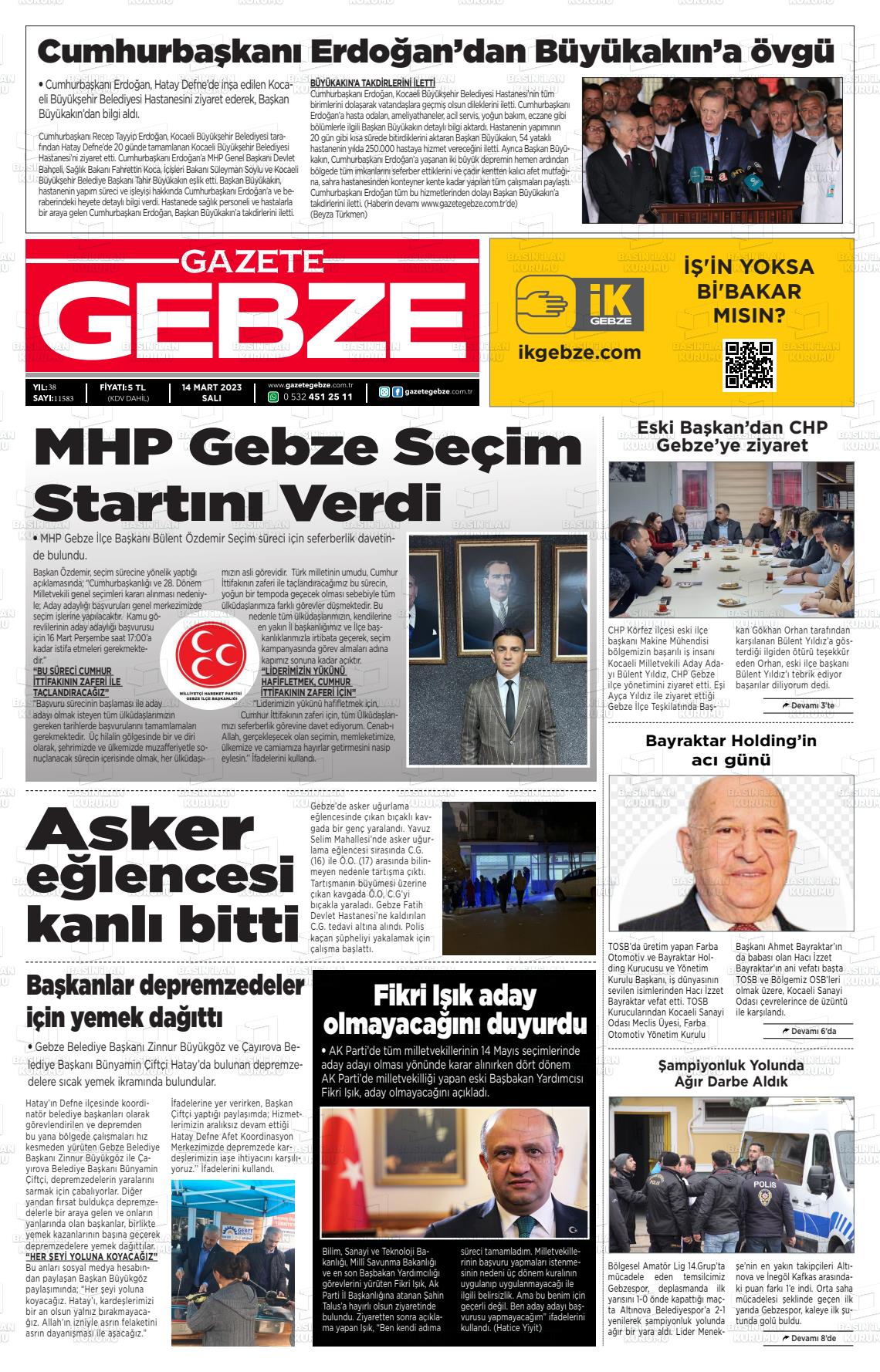 12 Mayıs 2023 Gebze Gazete Manşeti